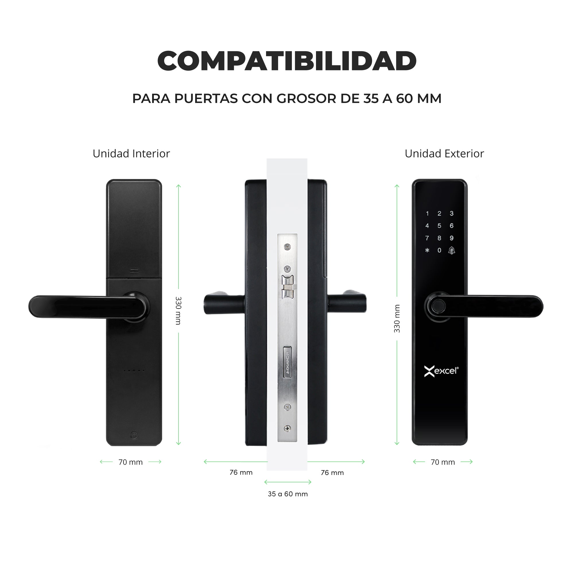 Cerradura Inteligente Wifi Excel 203. Dimensiones para instalación en puerta exterior.