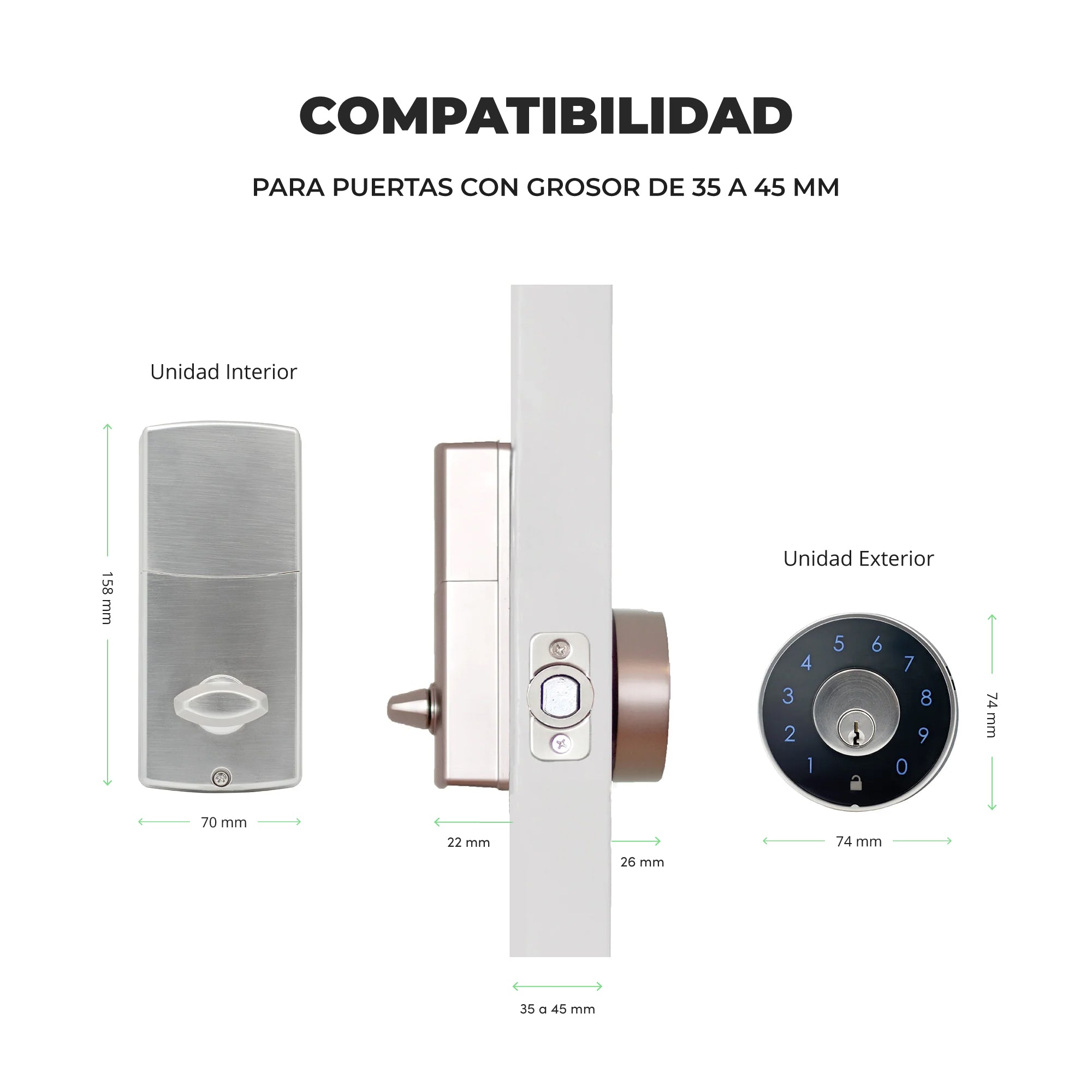 Cerradura Inteligente Excel 324. Dimensiones para instalación en puerta exterior.