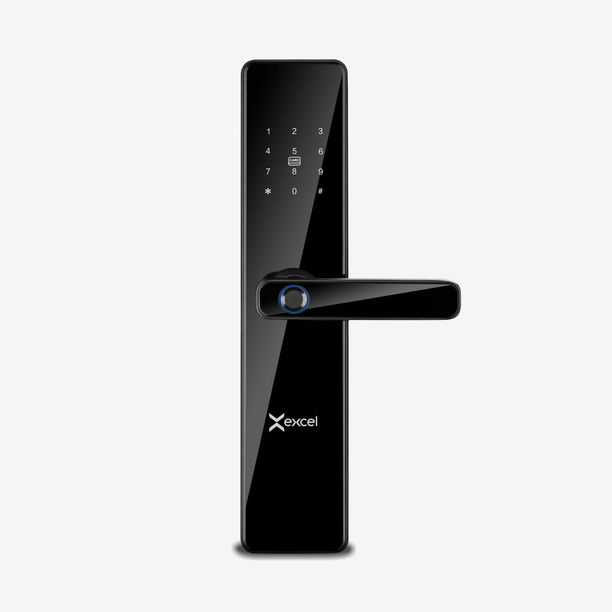 Cerradura eléctrica EXCEL SL235 con acceso vía app, lector de huella digital, código PIN, tarjeta RFID y llave mecánica de alta seguridad.