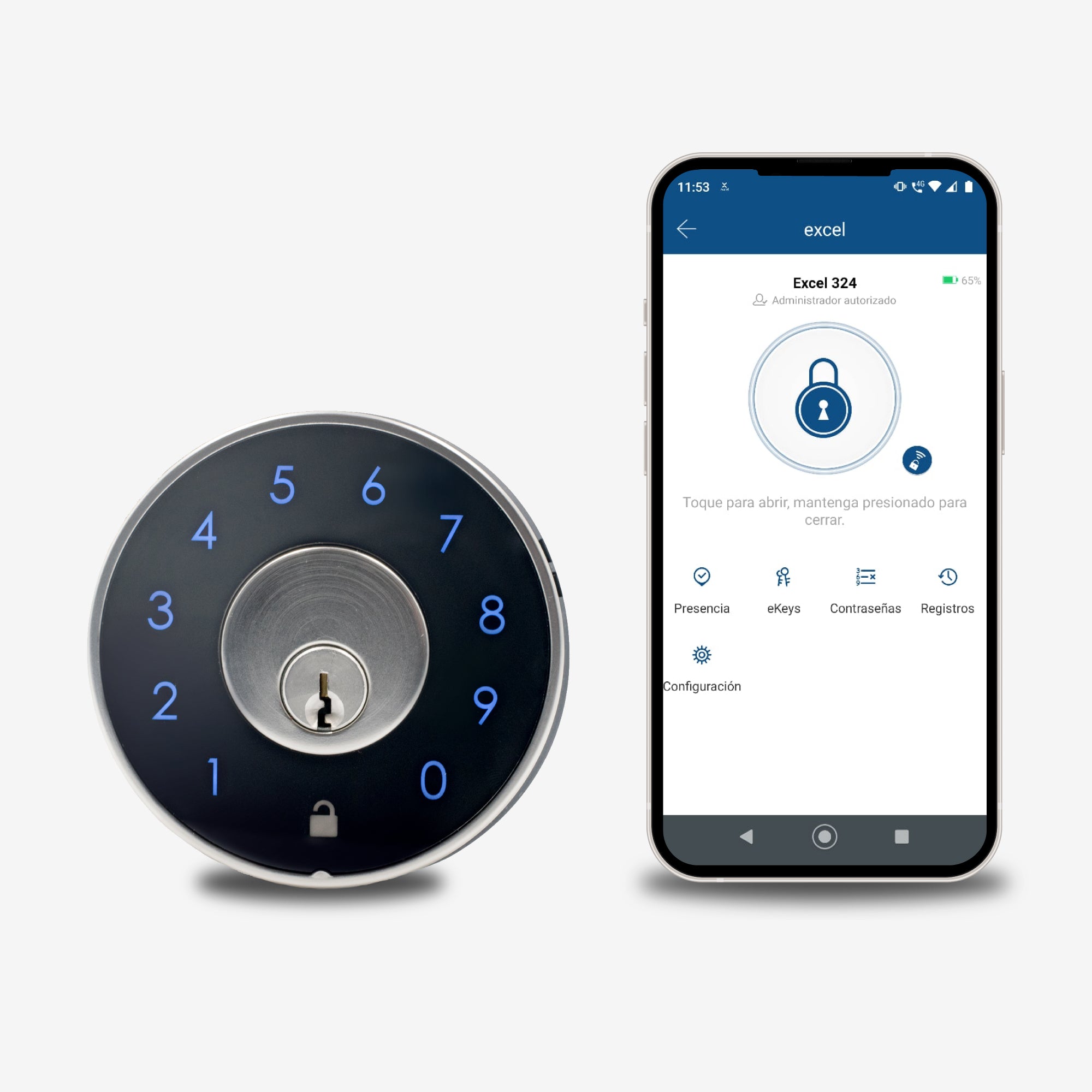 Cerrojo inteligente WiFi Excel 324 y Smartphone con App Excel Digital Doorlock para acceso remoto a la cerradura inteligente tipo cerrojo