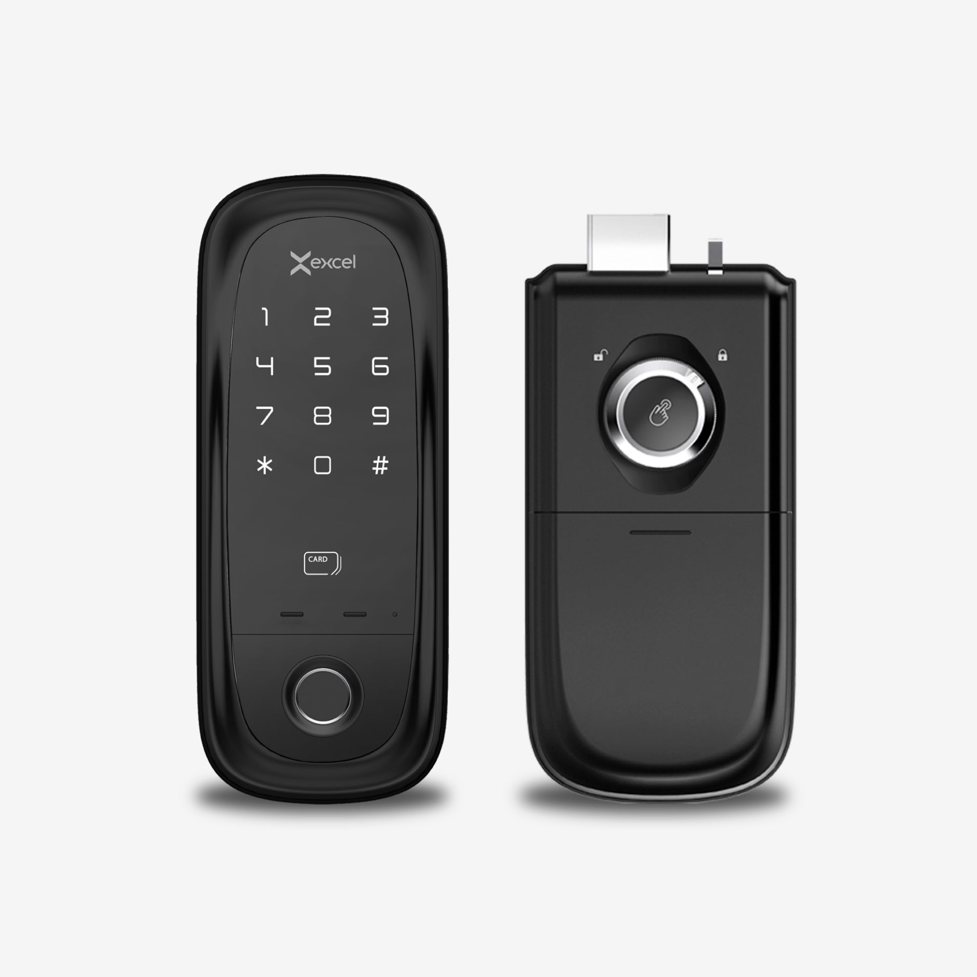 Cerradura Electrónica EXC-SD410. Conectividad WiFi y Bluetooth, Huella Digital, Contraseña Numérica y Tarjeta RFID. Teclado Numérico iluminado. Módulo interior, vista frontal.