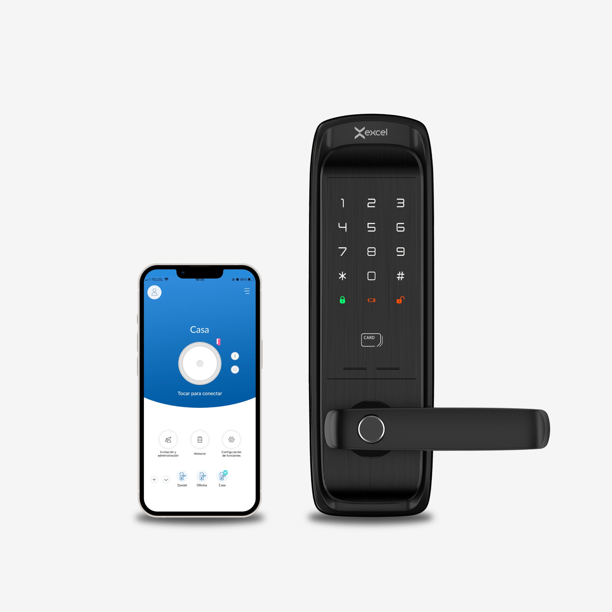 Cerradura Inteligente EXC-SL500. Conectividad WiFi y Bluetooth, lector de huella digital, Contraseña Numérica y Tarjeta RFID. Celular con la app Excel Smart Doorlock.