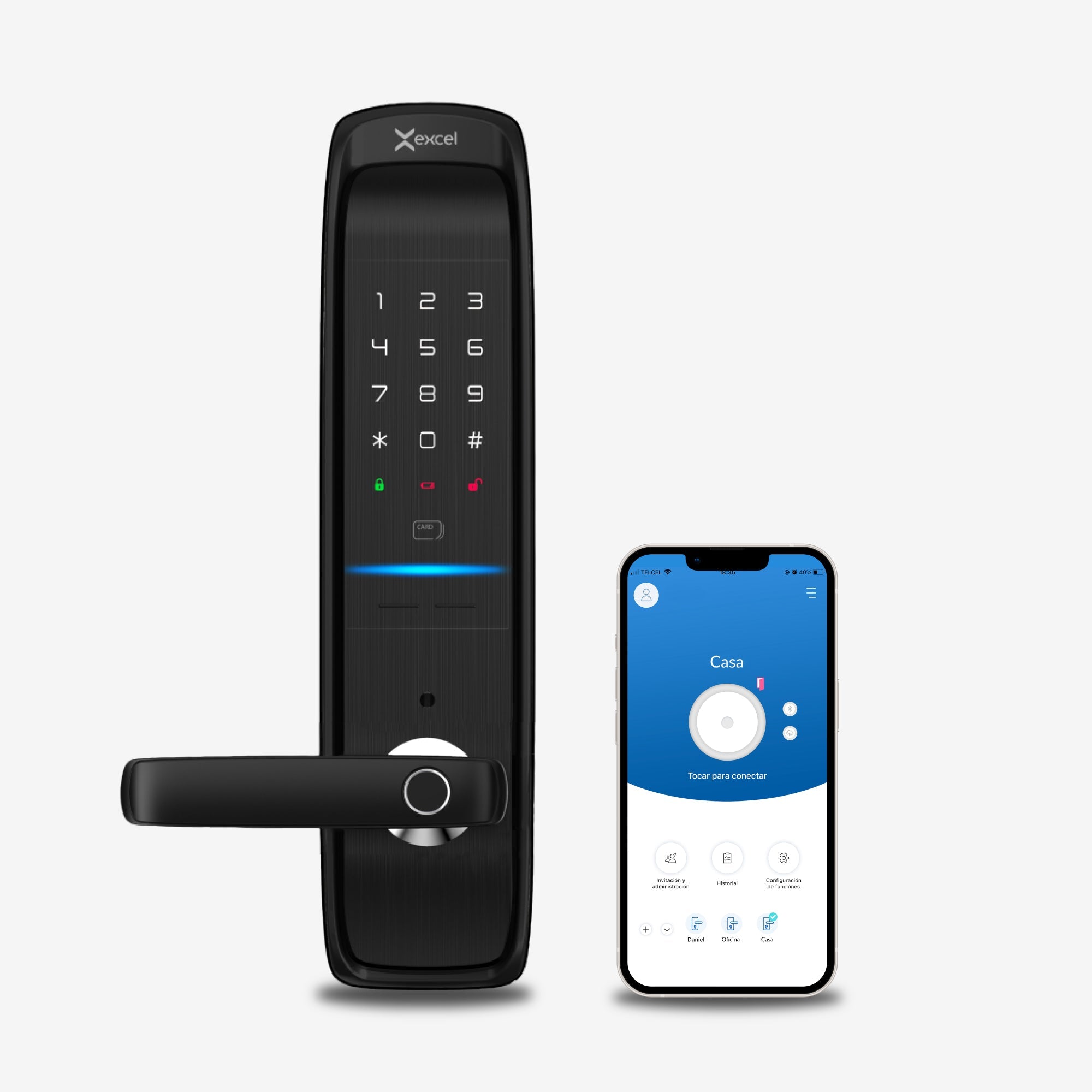 Cerradura Inteligente EXC-SL520. Conectividad WiFi y Bluetooth. Huella Digital, Contraseña Numérica y Tarjeta RFID. Teclado. Módulos exterior e interior, vista frontal.