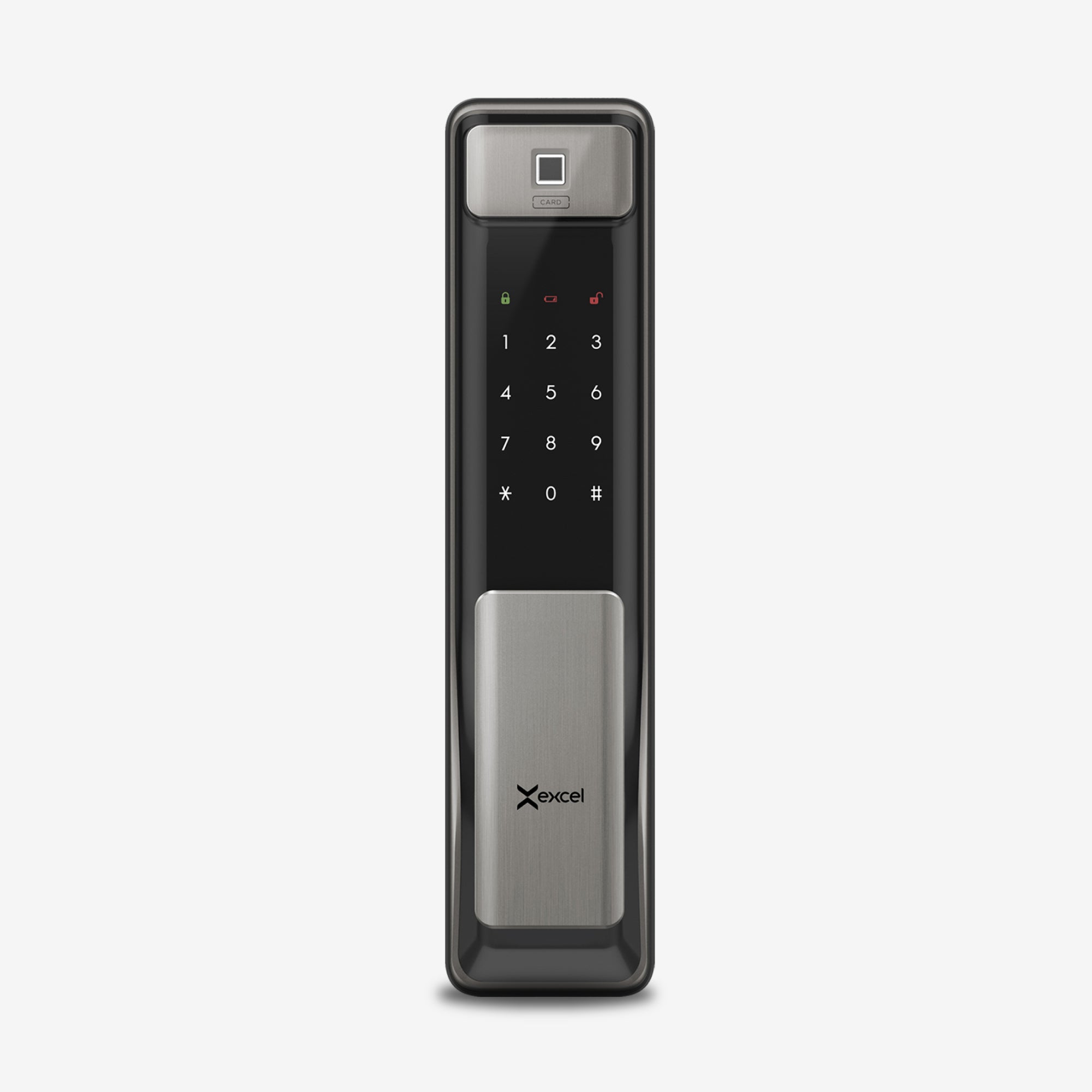 Cerradura inteligente EXC-SP600. Conectividad WiFi y Bluetooth, Huella Digital, Contraseña Numérica y Tarjeta RFID. Manija tipo Push-Pull. Teclado numérico iluminado. Módulo exterior, vista frontal.