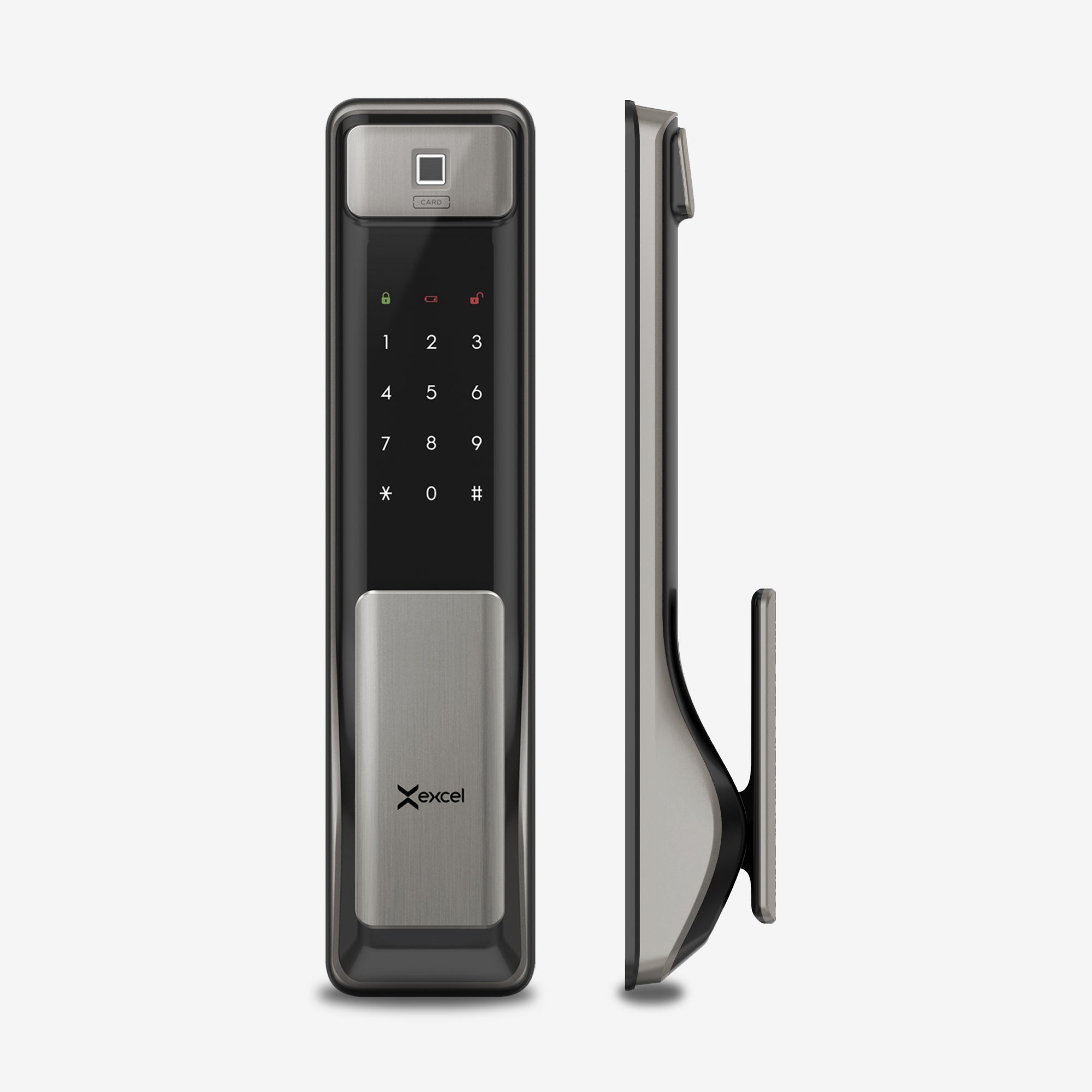 Cerradura inteligente de la marca Excel Digital Doorlock modelo EXC-SP600. Manija tipo Push-Pull. Módulos exterior e interior,
