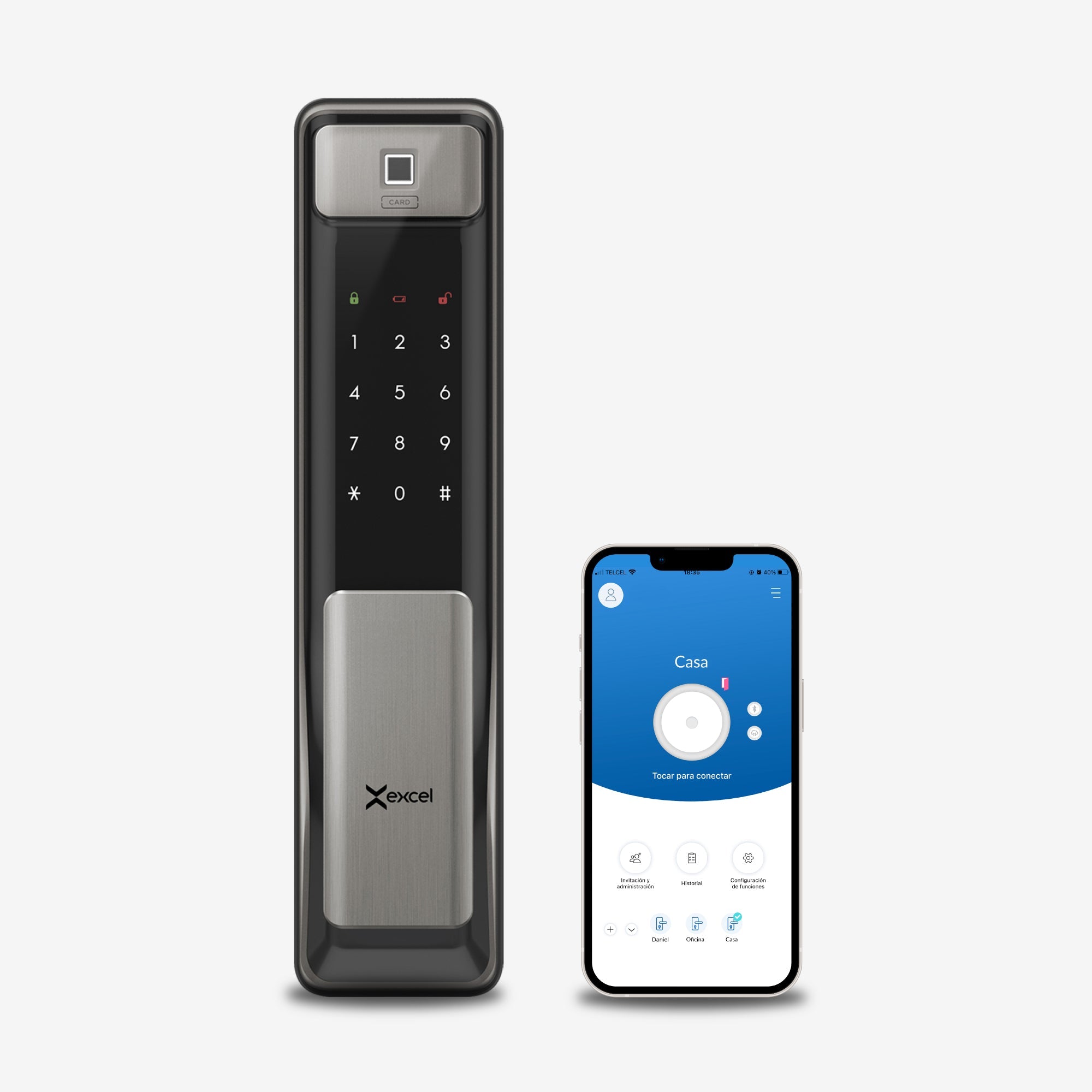 Cerradura inteligente EXC-SP600. Conectividad WiFi, Huella Digital, Contraseña Numérica y Tarjeta RFID. Manija tipo Push-Pull. Módulo exterior, vista frontal. Smartphone con App Excel Smart Doorlock