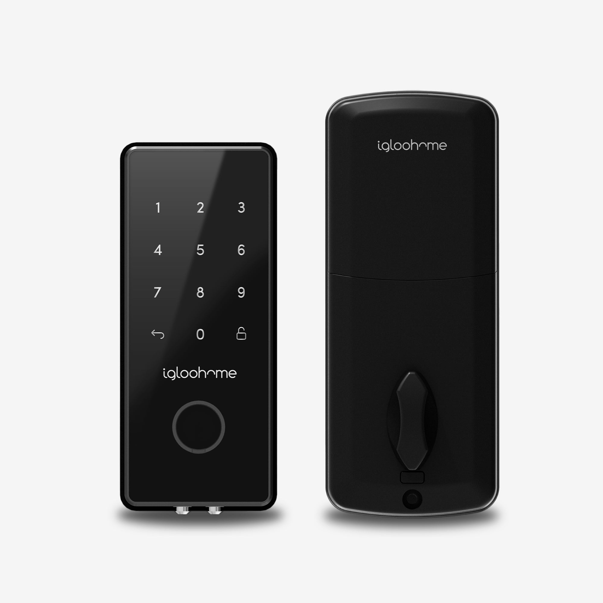 Cerradura para oficina Deadbolt 2S Metal Grey. Bluetooth vía app, Contraseña, y Llave de alta seguridad. Unidad interior y exterior, vista frontal.