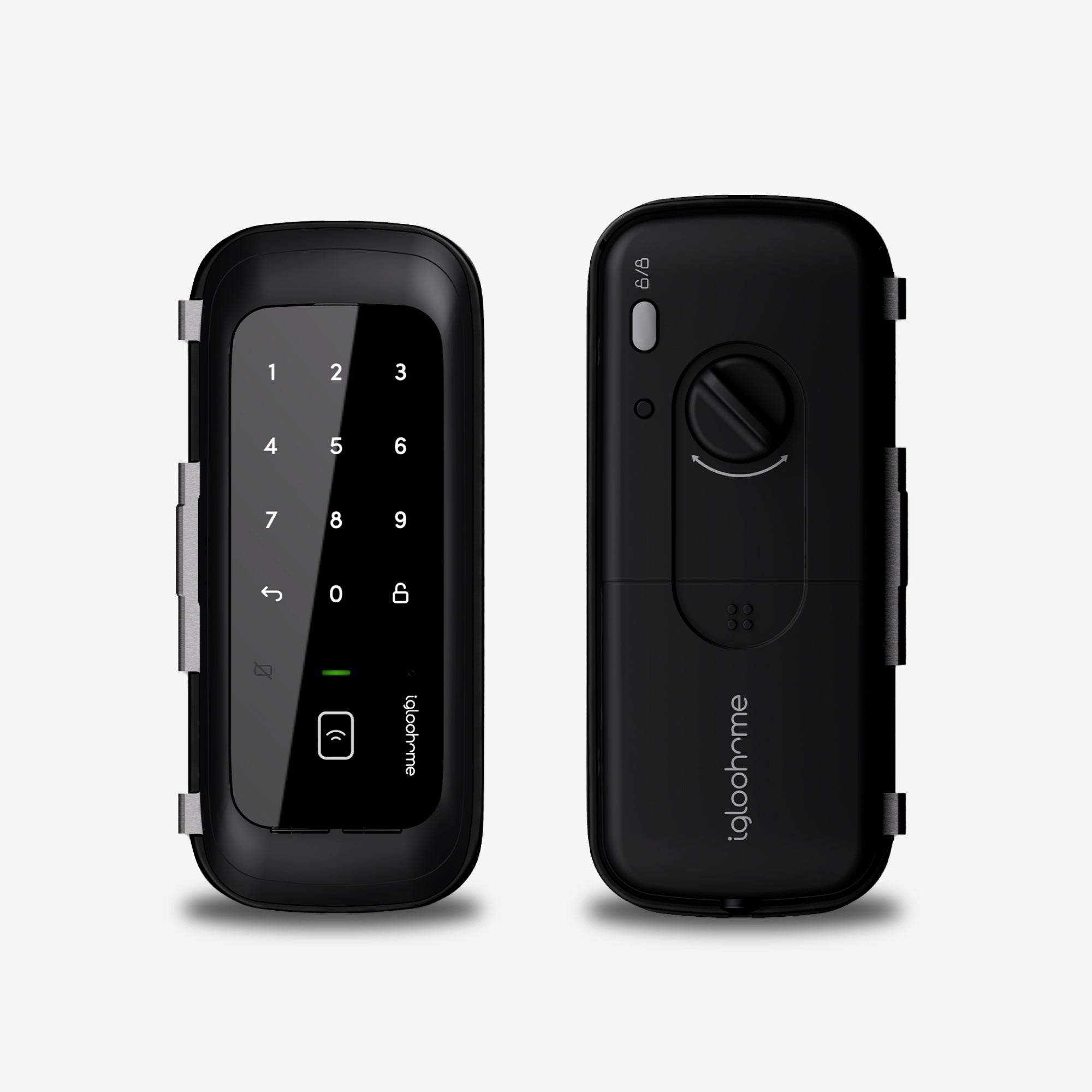 Rim Lock Glass Doors. Cerradura inteligente para oficina con Tarjeta, Bluetooth y WiFi, vía app y Clave Numérica. Unidades exterior e interior, vista frontal.