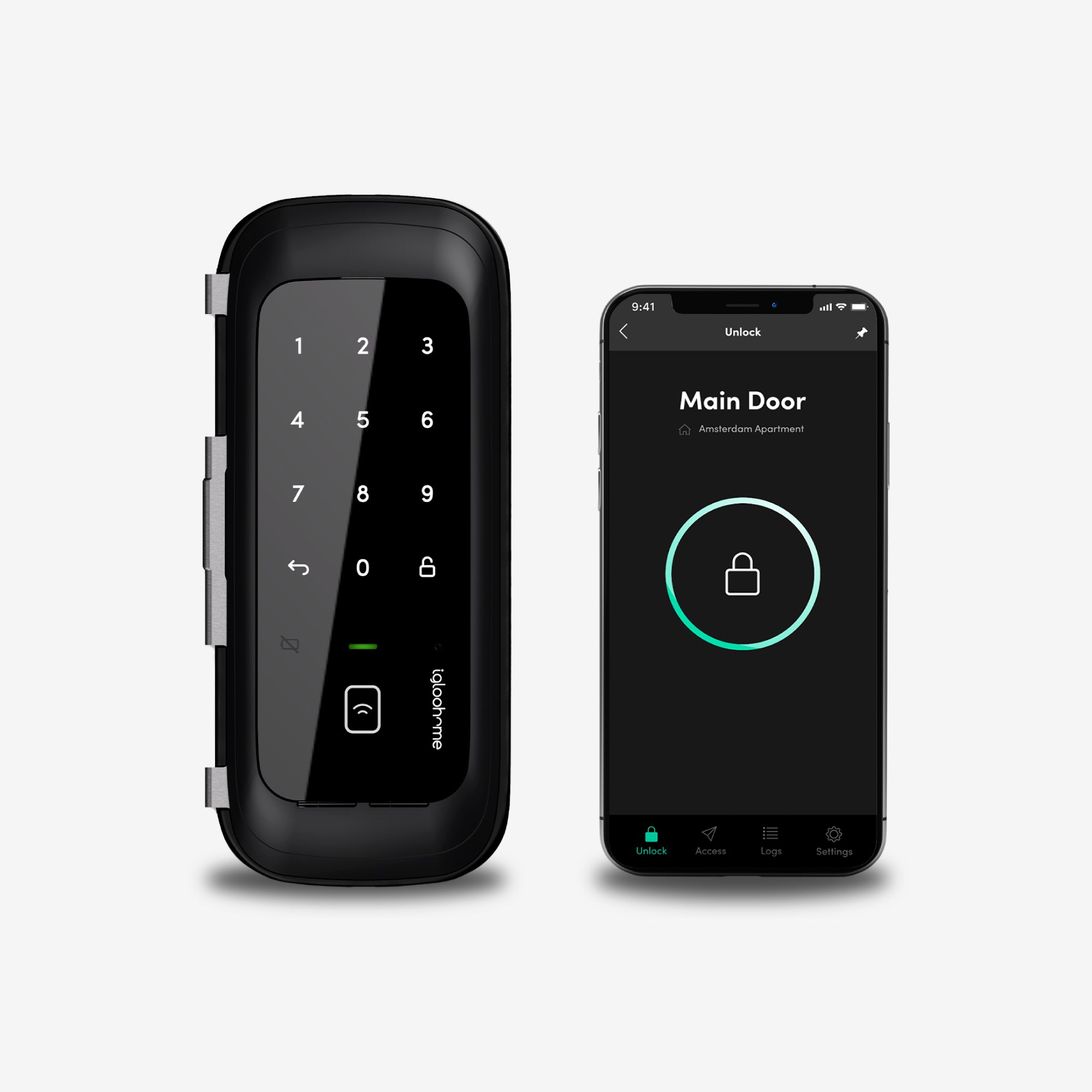 Rim Lock Glass Doors. Cerradura inteligente para oficina con Tarjeta, Bluetooth y WiFi, vía app y Clave Numérica. Unidad exterior y smartphone con App igloohome, vista frontal.