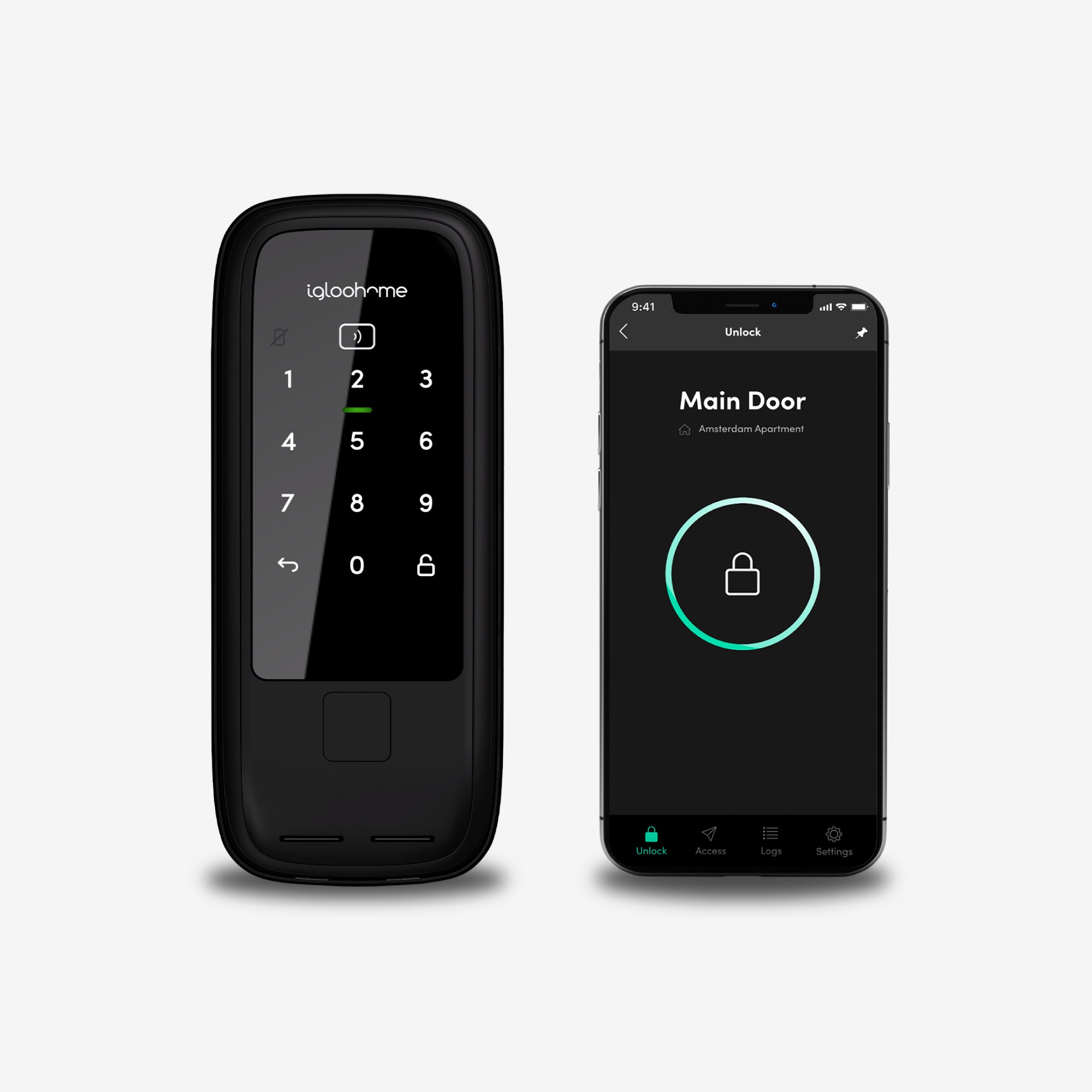 Rim Lock Wooden Doors. Cerradura con contraseña, Tarjeta, RFID, WiFi y Bluetooth vía app. Módulo exterior y smartphone con app igloohome, vista frontal.
