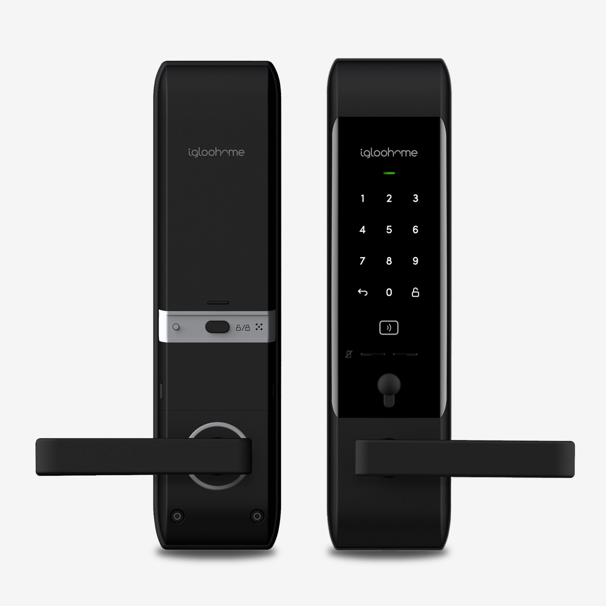 Cerradura para departamento en renta Airbnb, Lever Mortise. Con acceso Bluetooth vía app, Contraseña, Tarjeta RFID y Llave de alta seguridad. Unidad interior y exterior, vista frontal.