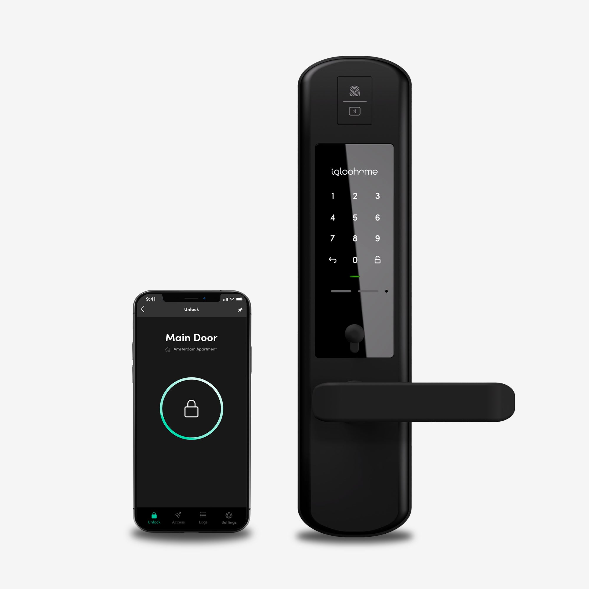 Cerradura Inteligente igloohome Mortise 2+. App, Huella digital, Contraseña, Tarjeta RFID y Llave de alta seguridad. Unidad exterior y smartphone con app igloohome, vista frontal.