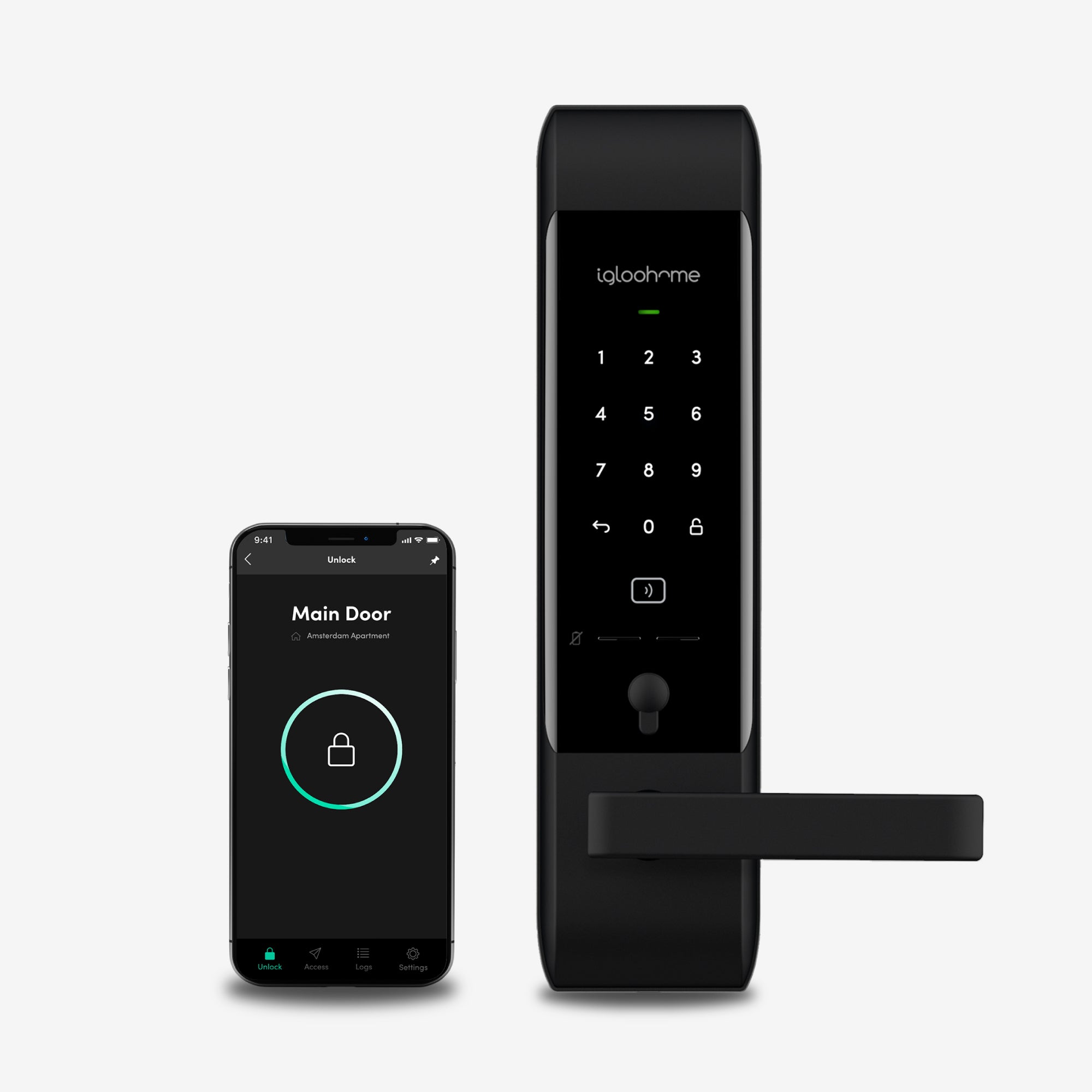 Cerradura para departamento en renta Airbnb, Lever Mortise. Con acceso Bluetooth vía app, Contraseña, Tarjeta RFID y Llave de alta seguridad. Unidad exterior y smartphone con app igloohome, vista frontal.