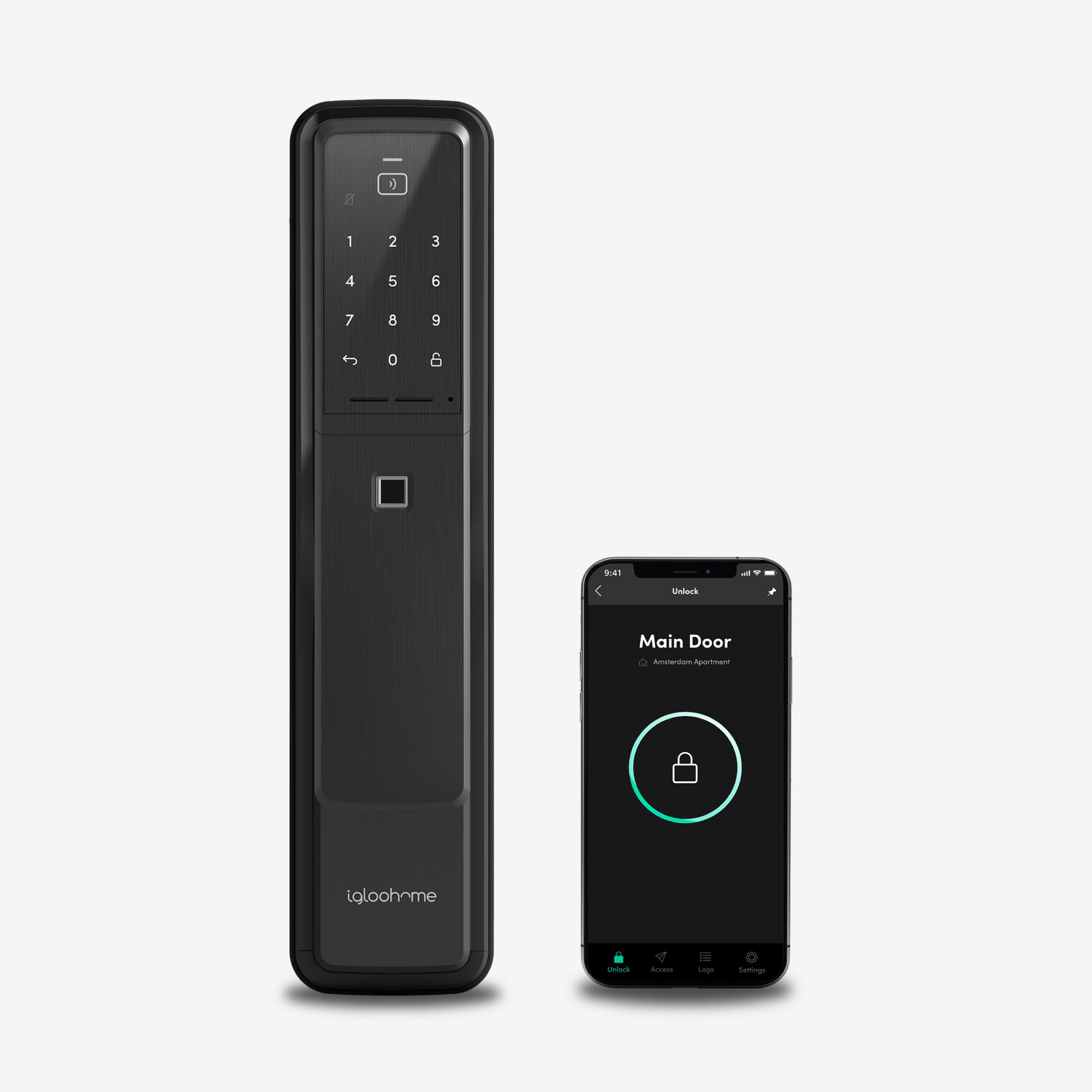 Cerradura con Clave Numérica, Tarjeta RFID, Huella Digital y acceso vía app Push-Pull Mortise. Unidad exterior con smartphone y app igloohome. Vista frontal.