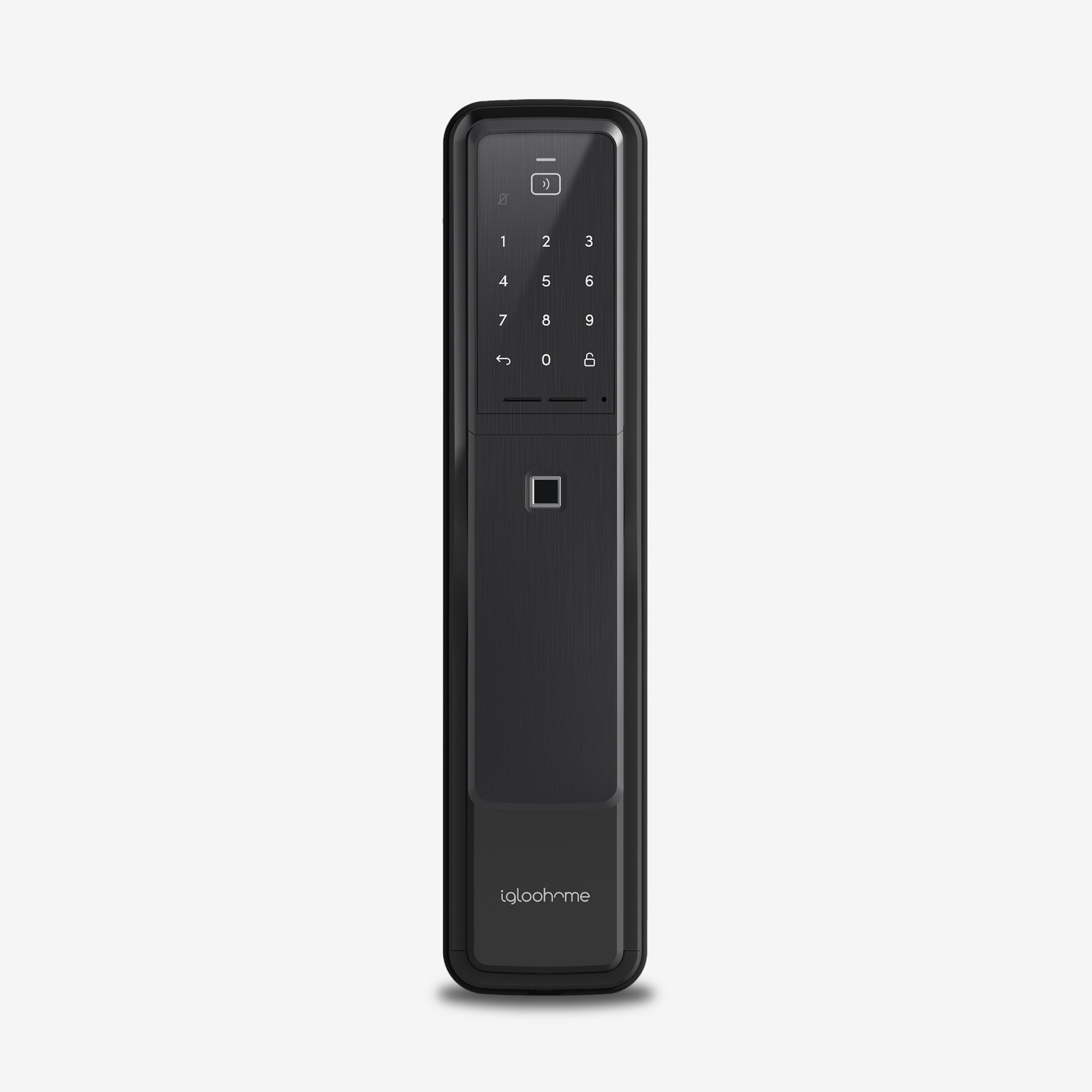 Cerradura con Clave Numérica, Tarjeta RFID, Huella Digital y acceso vía app Push-Pull Mortise. Unidad exterior, vista frontal