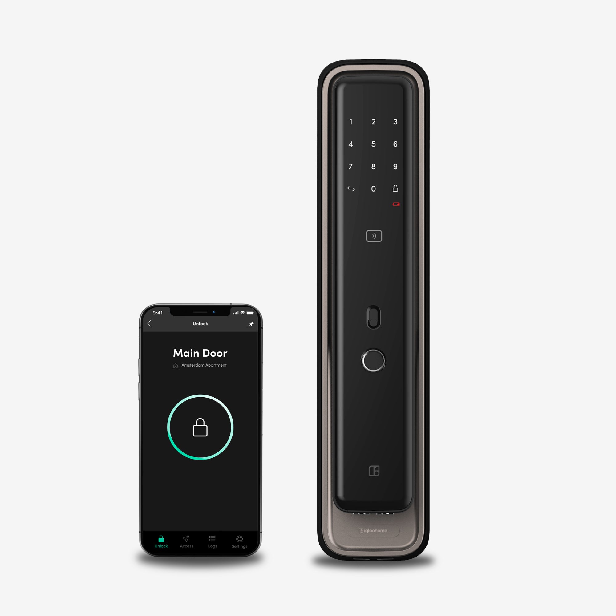 Cerradura Inteligente Igloohome Mortise Touch, con acceso vía app, lector de huella digital, código PIN, tarjeta RFID y llave mecánica de alta seguridad.