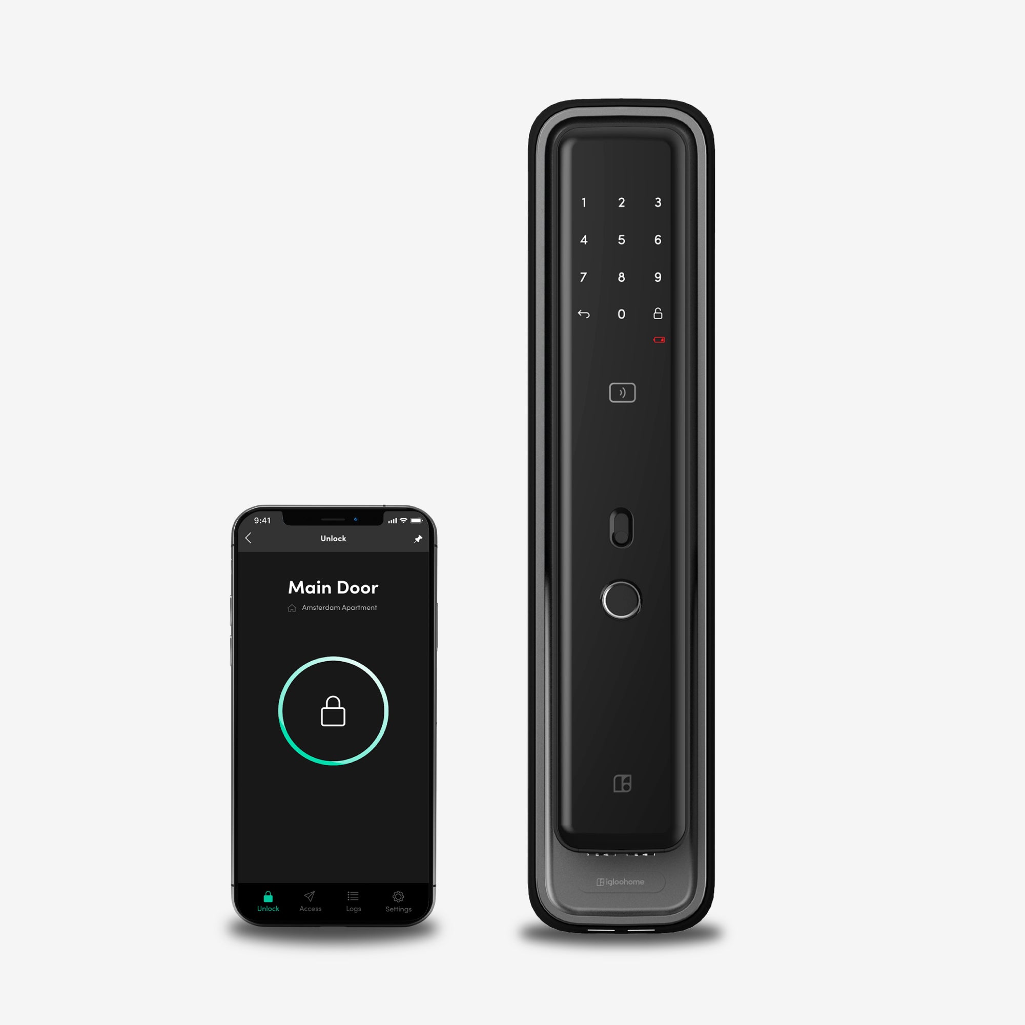 Cerradura Inteligente Igloohome Mortise Touch, con acceso vía app, lector de huella digital, código PIN, tarjeta RFID y llave mecánica de alta seguridad.