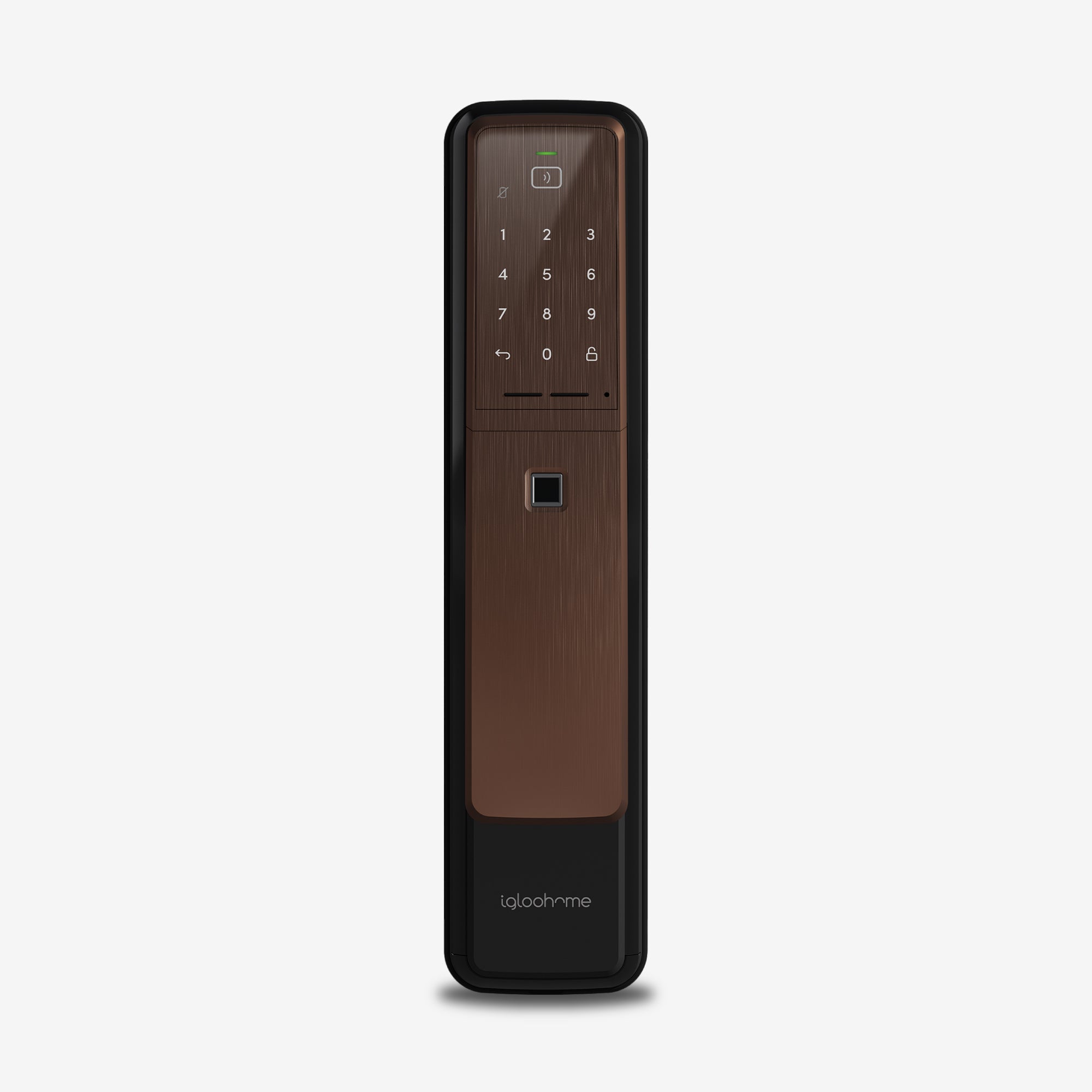 Cerradura con Clave Numérica, Tarjeta RFID, Huella Digital y acceso vía app Push-Pull Mortise. Unidad exterior, vista frontal