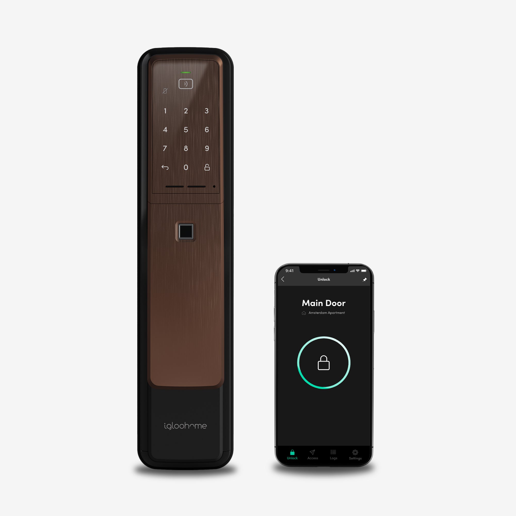 Cerradura con Clave Numérica, Tarjeta RFID, Huella Digital y acceso vía app Push-Pull Mortise. Unidad exterior con smartphone y app igloohome. Vista frontal.