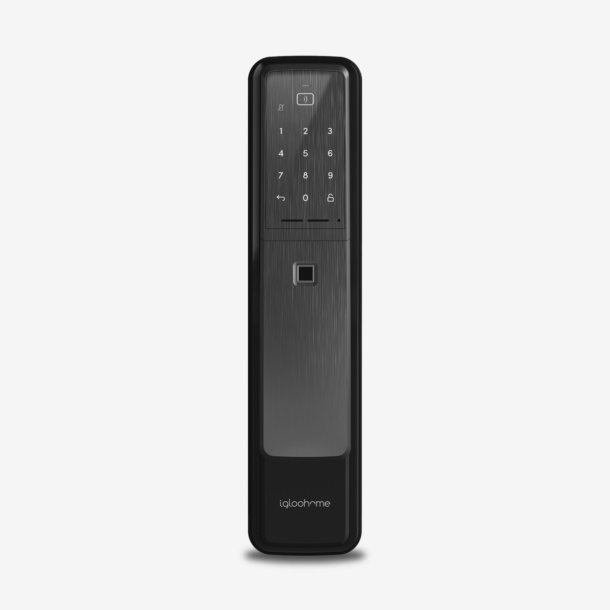 Cerradura con Clave Numérica, Tarjeta RFID, Huella Digital y acceso vía app Push-Pull Mortise. Unidad exterior, vista frontal
