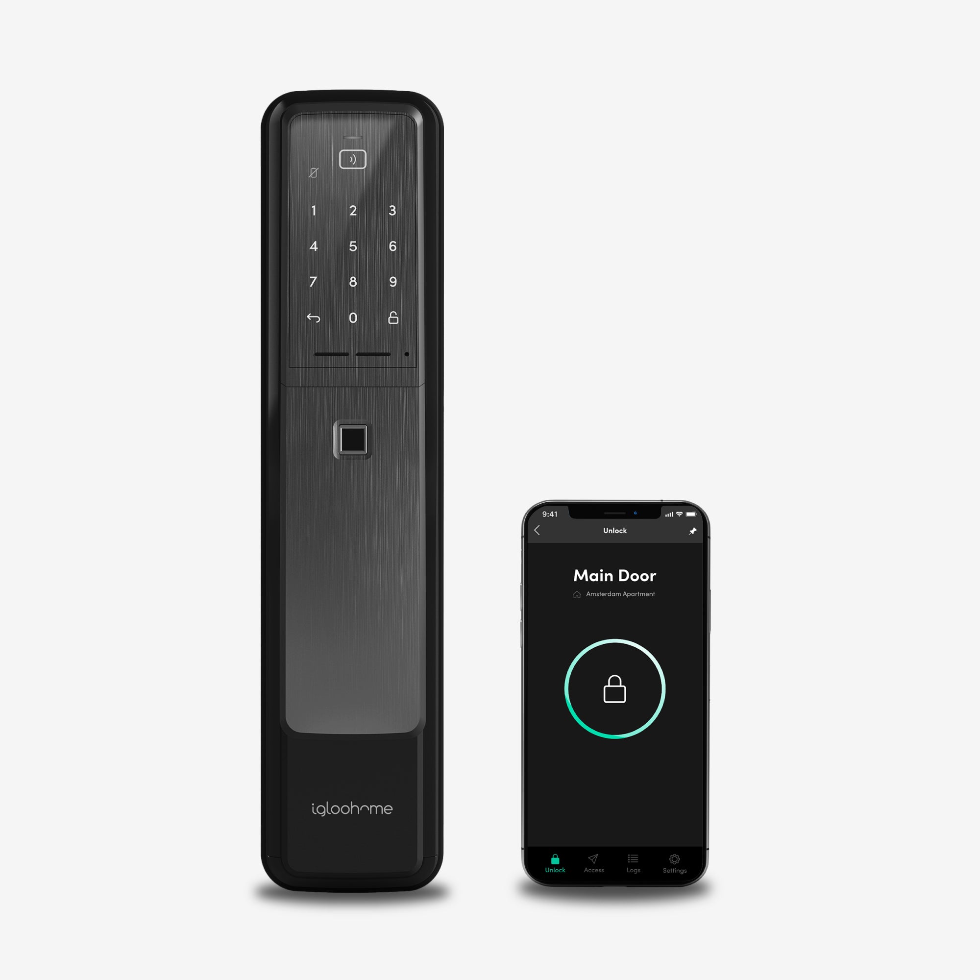 Cerradura con Clave Numérica, Tarjeta RFID, Huella Digital y acceso vía app Push-Pull Mortise. Unidad exterior con smartphone y app igloohome. Vista frontal.