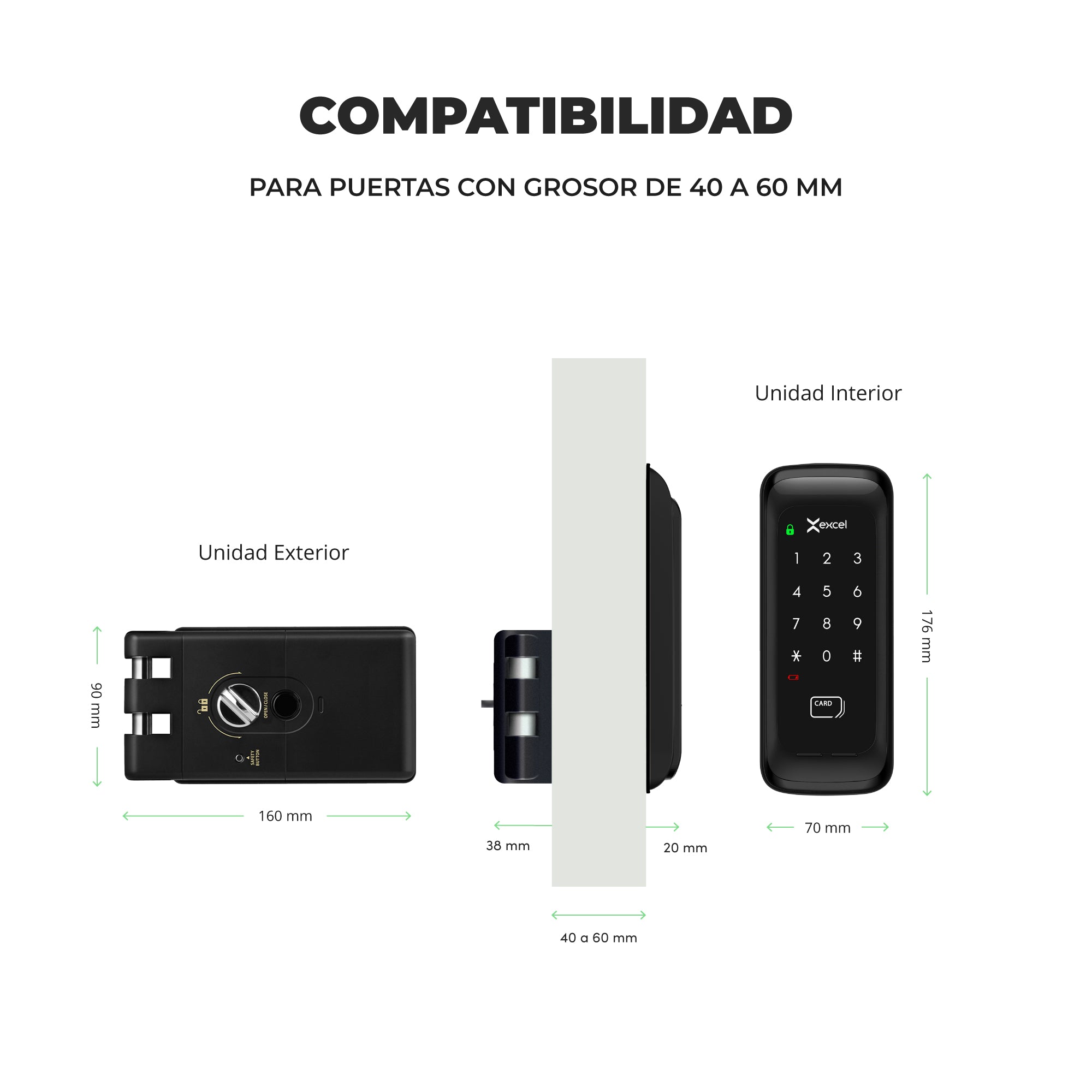 Cerradura digital para puerta corrediza Excel SD430. Dimensiones para instalación en puerta abatible.