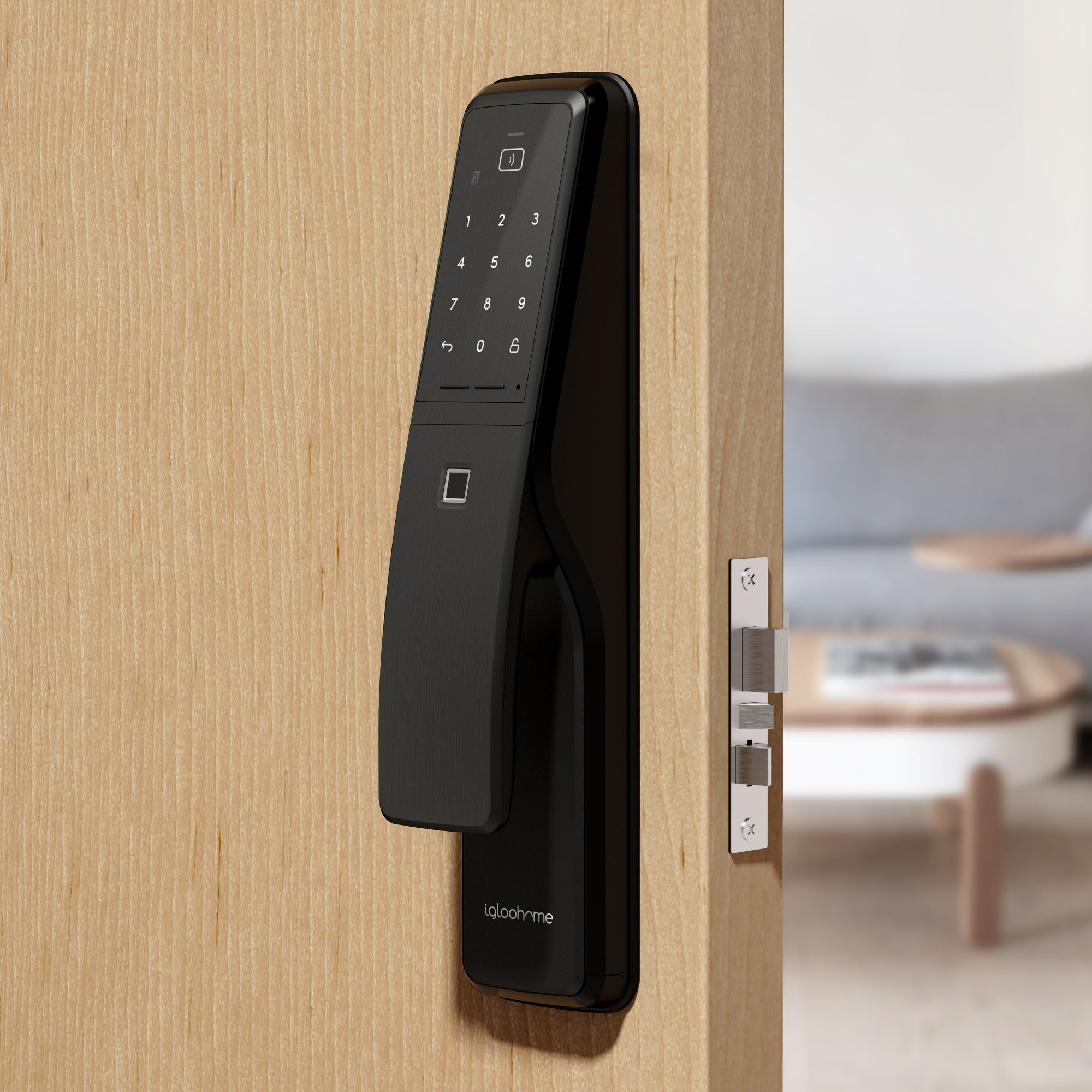 Cerradura con Clave Numérica, Tarjeta RFID, Huella Digital y acceso vía app Push-Pull Mortise.