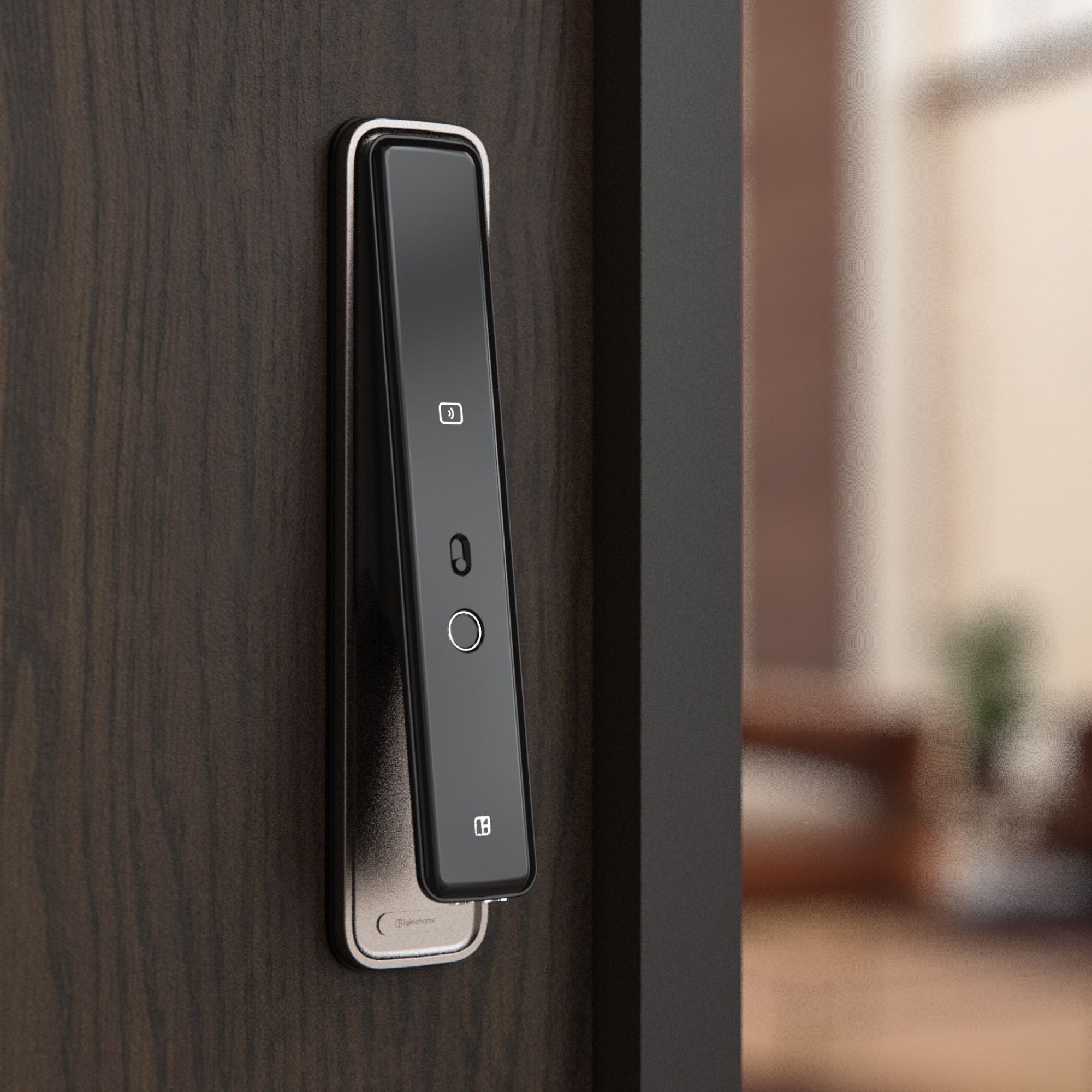 Cerradura Inteligente Igloohome Mortise Touch, con acceso vía app, lector de huella digital, código PIN, tarjeta RFID y llave mecánica de alta seguridad.
