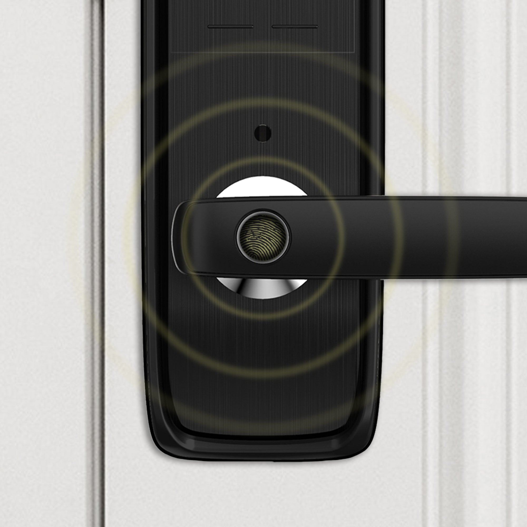 Detalle del lector de Huella Digital ergonómico ubicado en la manija de la Cerradura Inteligente EXC-SL520