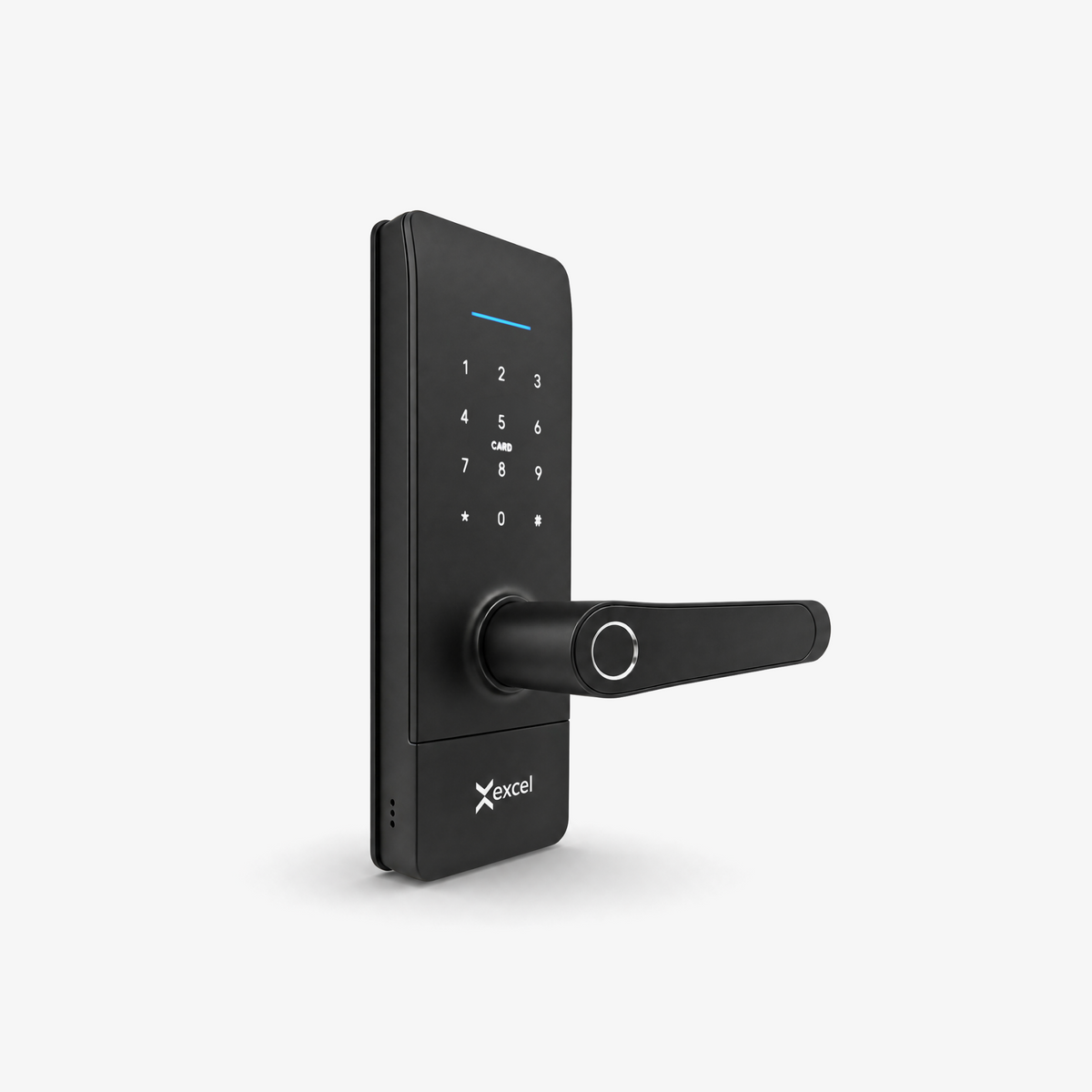 Cerradura Inteligente EXC-SL214, compatible con puertas de madera y aluminio, acceso por huella digital, clave, tarjeta RFID, WiFi y llave mecánica.