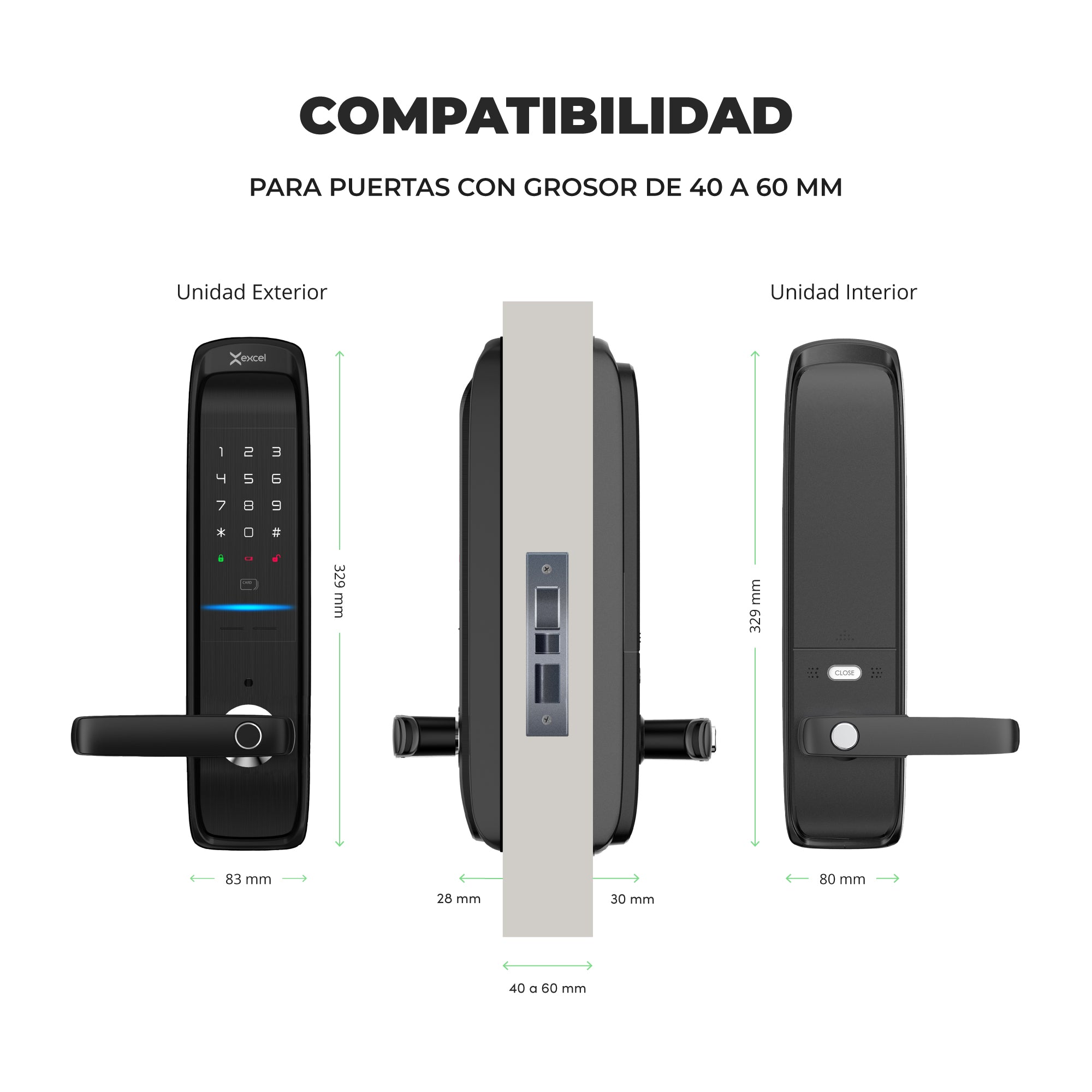 Cerradura inteligente para puerta exterior Excel SL520. Dimensiones para instalación. Módulo interior y exterior de la cerradura digital.