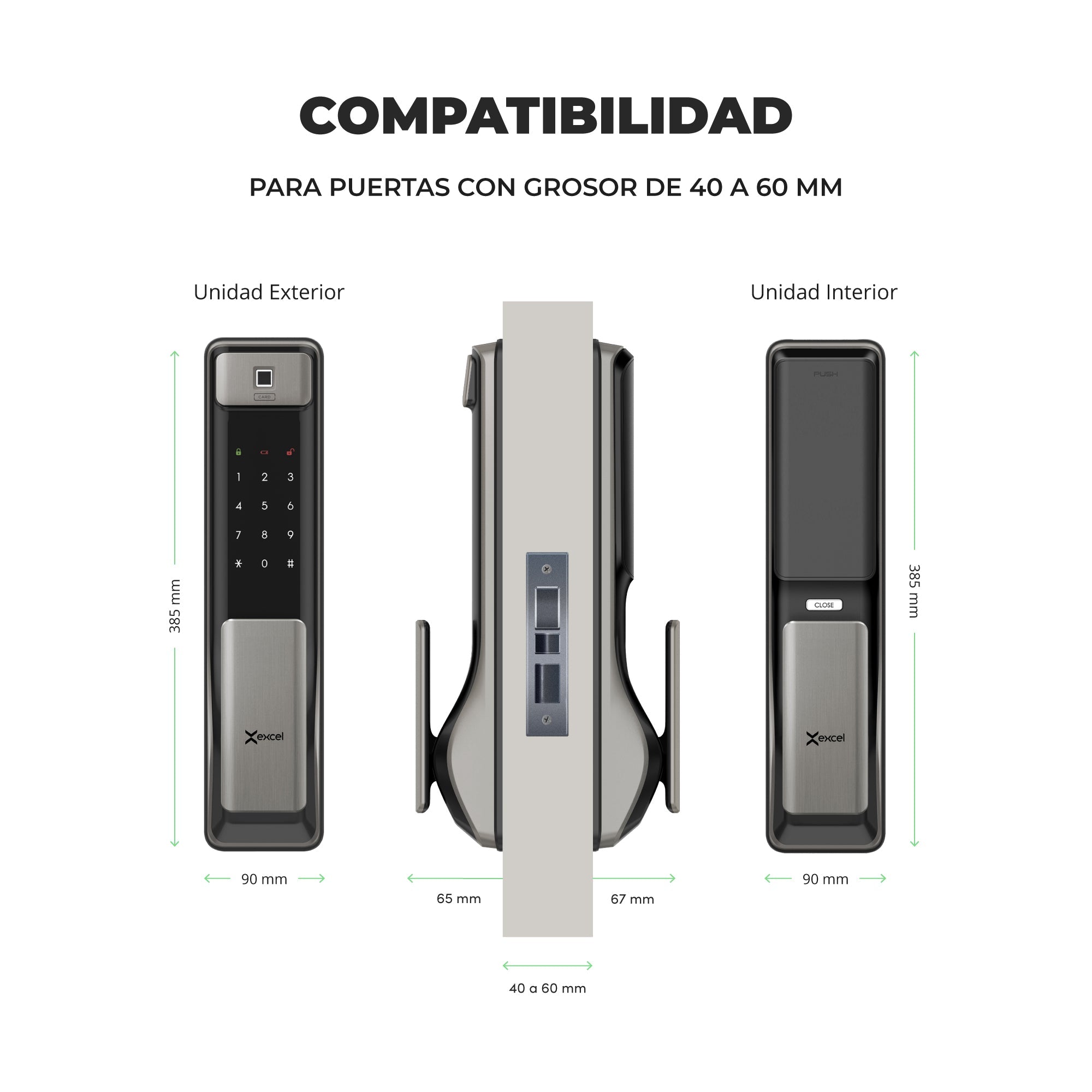 Cerradura inteligente Excel SP600, Dimensiones para instalación en puerta exterior. Módulo interior y exterior de la cerradura digital.