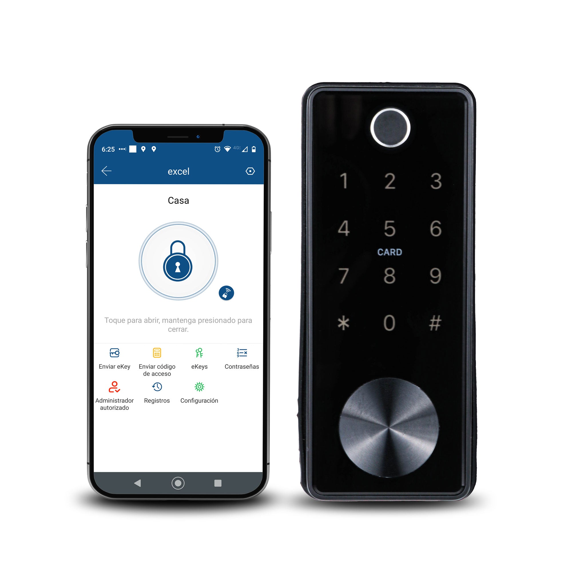 Cerrojo inteligente para puertas de exterior Excel 325 y Smartphone con App Excel Digital Doorlock para acceso remoto a la cerradura inteligente