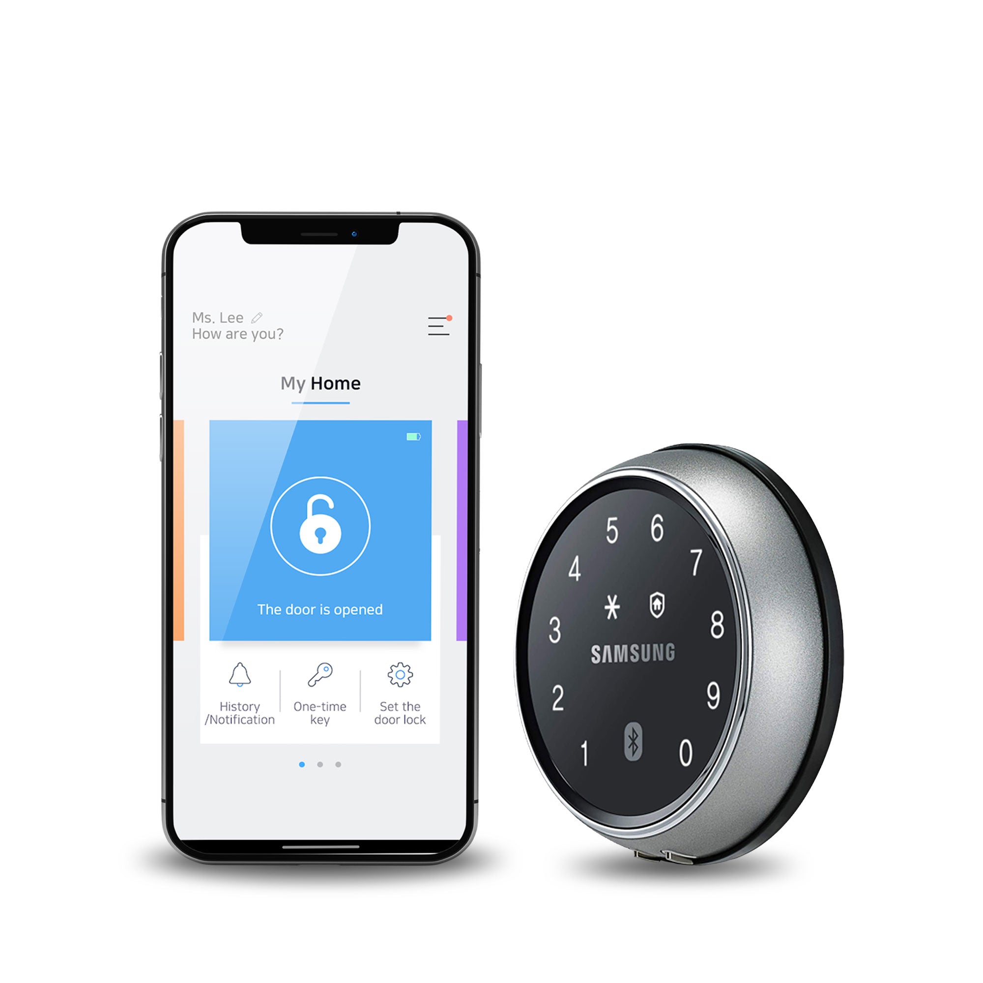 Cerrojo inteligente para puertas Samsung SHP DS705 y Smartphone con App sHome Doorlock. para acceso remoto a la cerradura Samsung