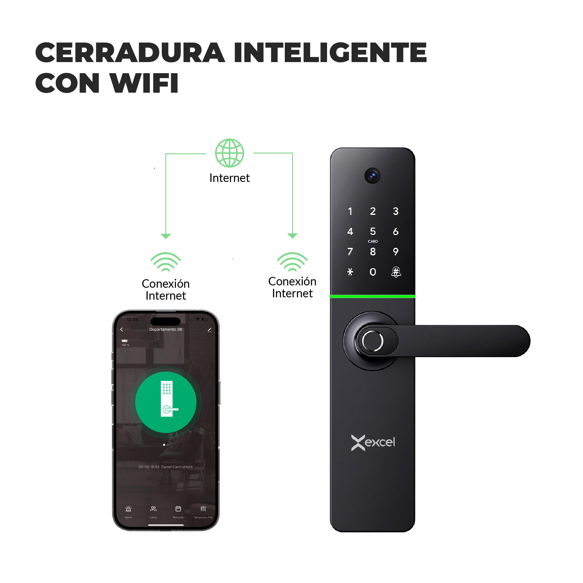 Cerradura Inteligente con cámara EXCEL EXC-SL204, con acceso vía app, función de videoportero, lector de huella digital, código PIN, tarjeta RFID y llave mecánica de alta seguridad.