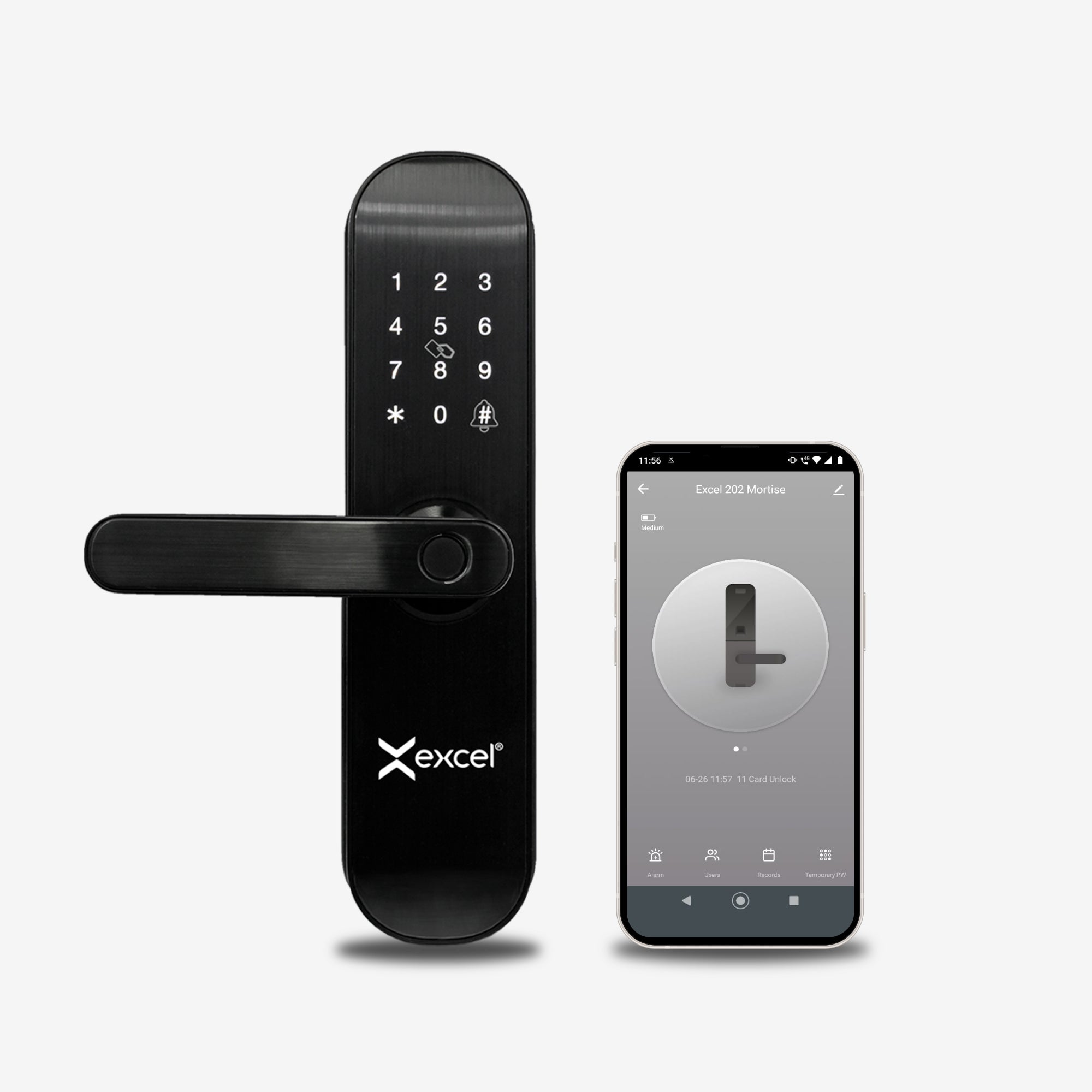 Cerrojo inteligente WiFi Excel 202 y Smartphone con App Tuya Smart para acceso remoto a la cerradura digital con huella