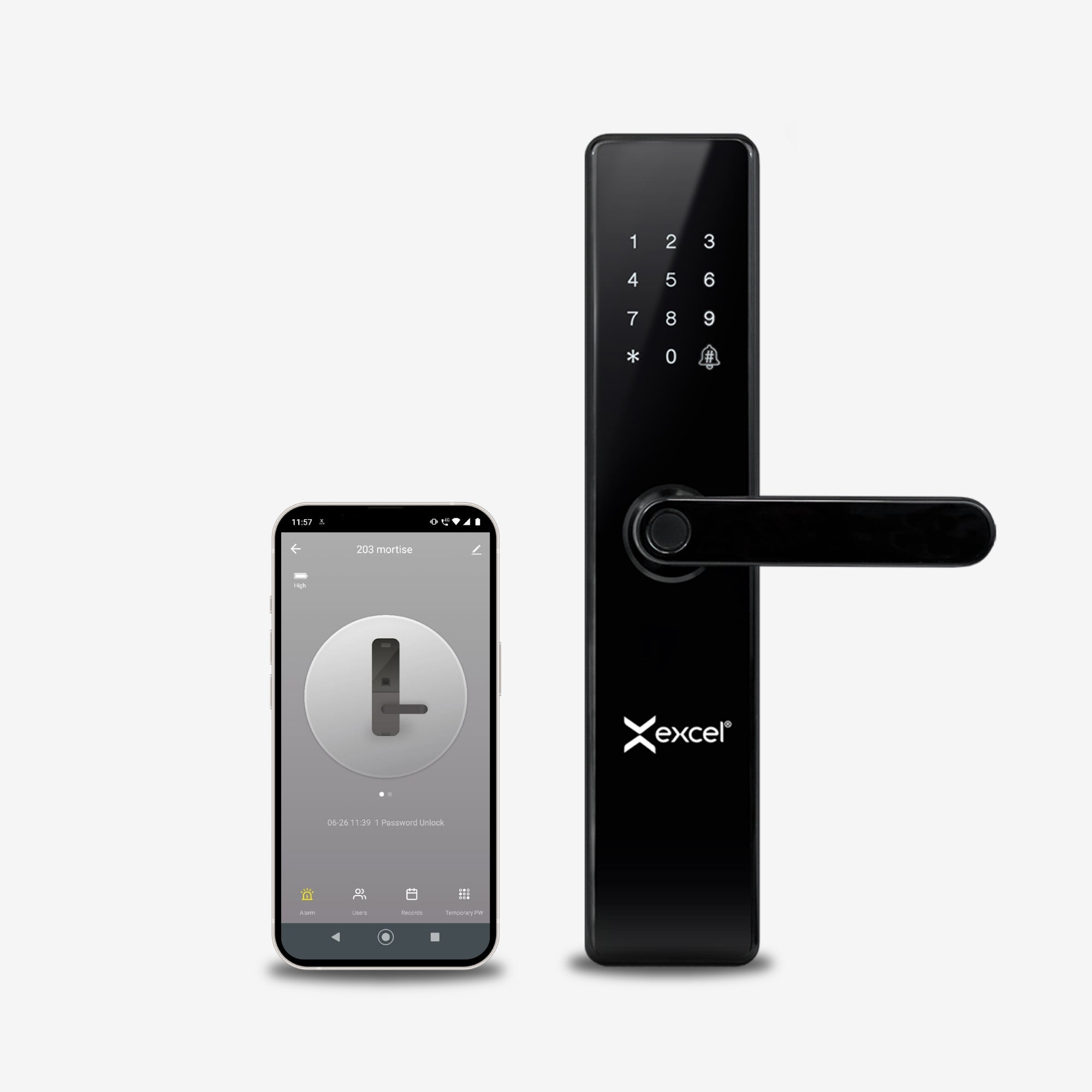 Cerrojo inteligente WiFi Excel 203 y Smartphone con App Tuya Smart para acceso remoto a la cerradura digital con huella