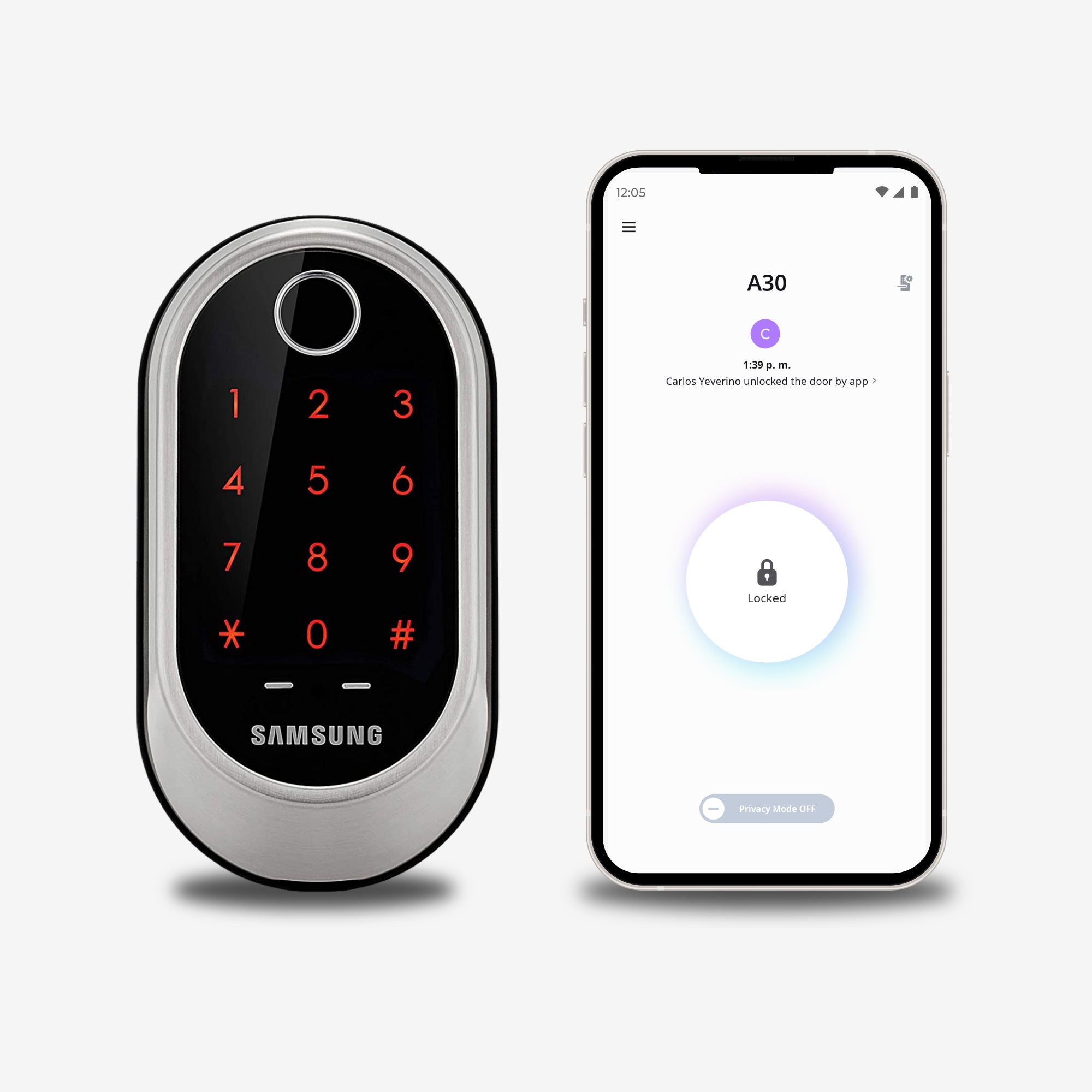 Cerradura Inteligente Samsung SHP-A30 y Smartphone con App Samsung Smart Lock para acceso remoto a la cerradura inteligente