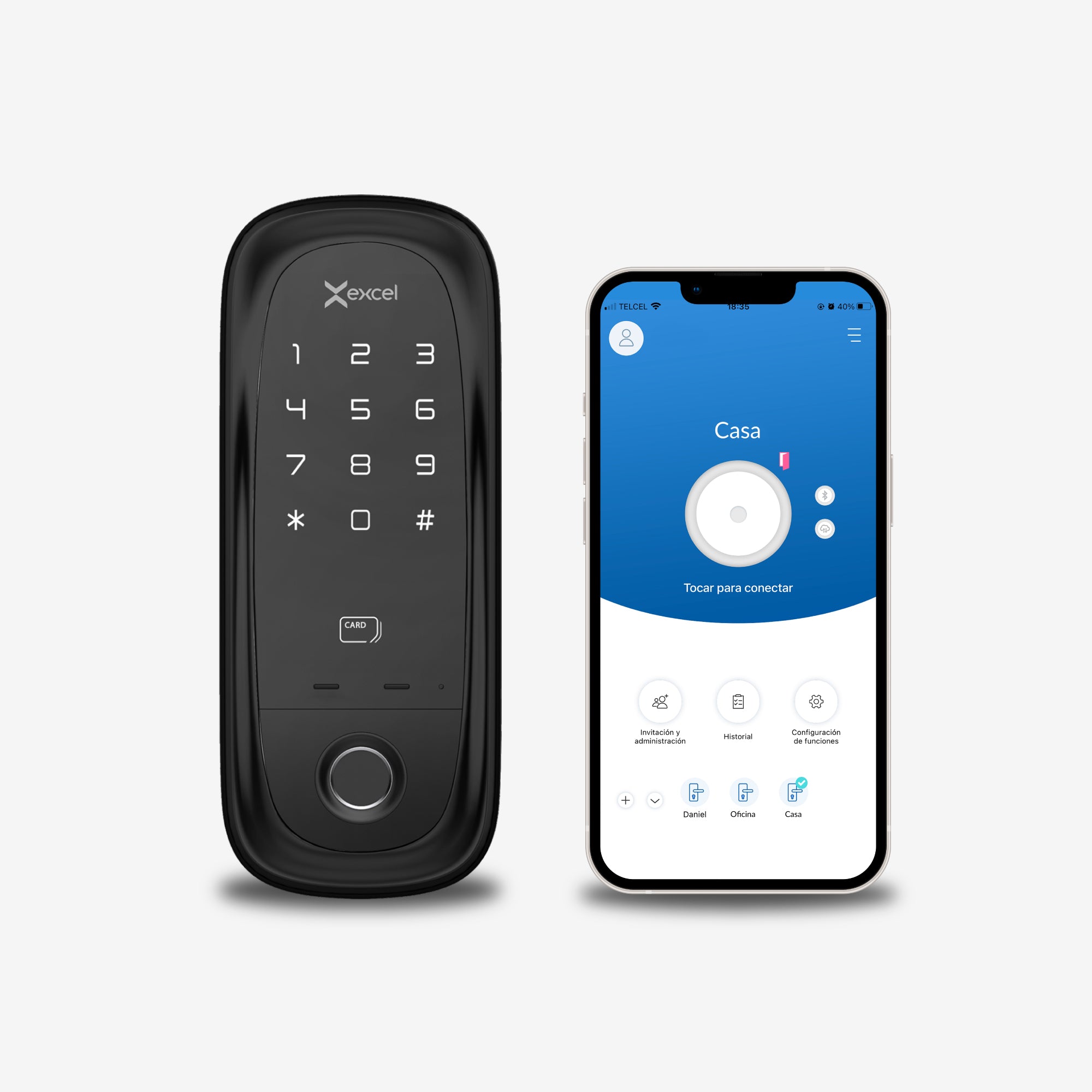 Cerrojo inteligente para puertas de exterior EXC-SD410. Smartphone con App Excel Smart Doorlock para acceso remoto al cerrojo