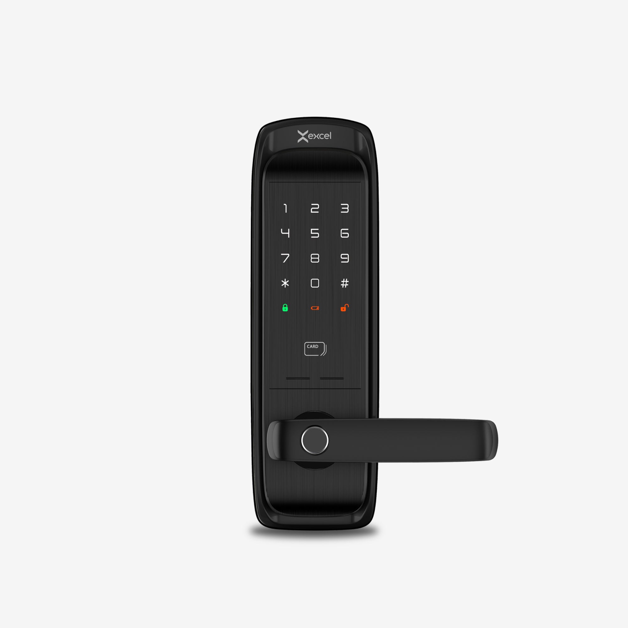 Cerradura Inteligente EXC-SL500. Conectividad WiFi y Bluetooth, lector de huella digital, Contraseña Numérica y Tarjeta RFID. Teclado numérico iluminado. Módulo exterior, vista frontal.