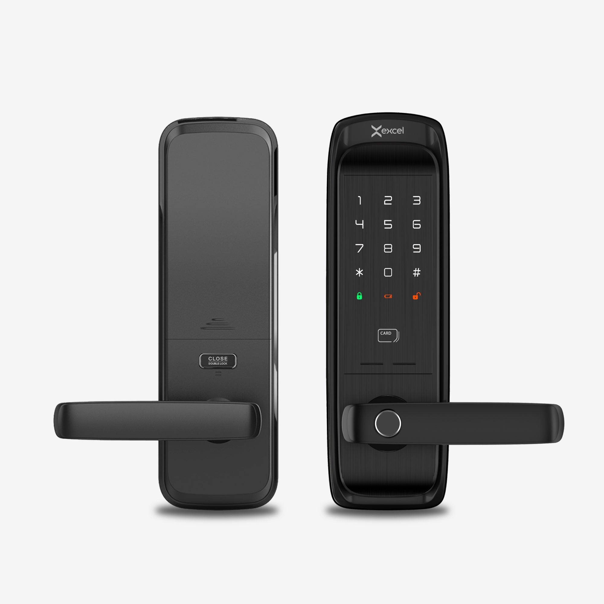 Cerradura Inteligente EXC-SL500. Conectividad WiFi y Bluetooth, lector de huella digital, Contraseña Numérica y Tarjeta RFID. Módulo interior, vista frontal.