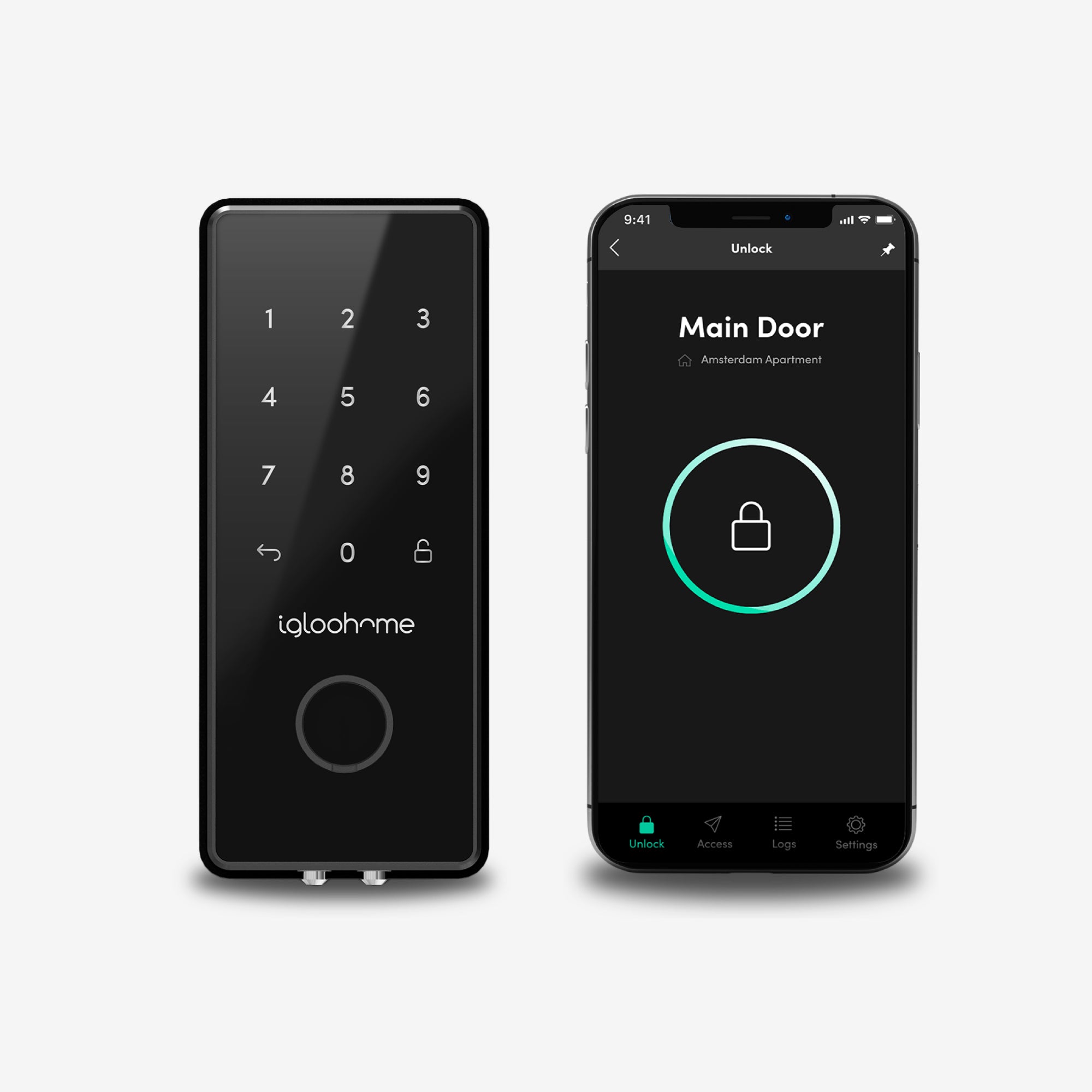 Cerradura para oficina Deadbolt 2S Metal Grey. Bluetooth vía app, Contraseña, y Llave de alta seguridad. Unidad interior y smartphone con App igloohome, vista frontal.