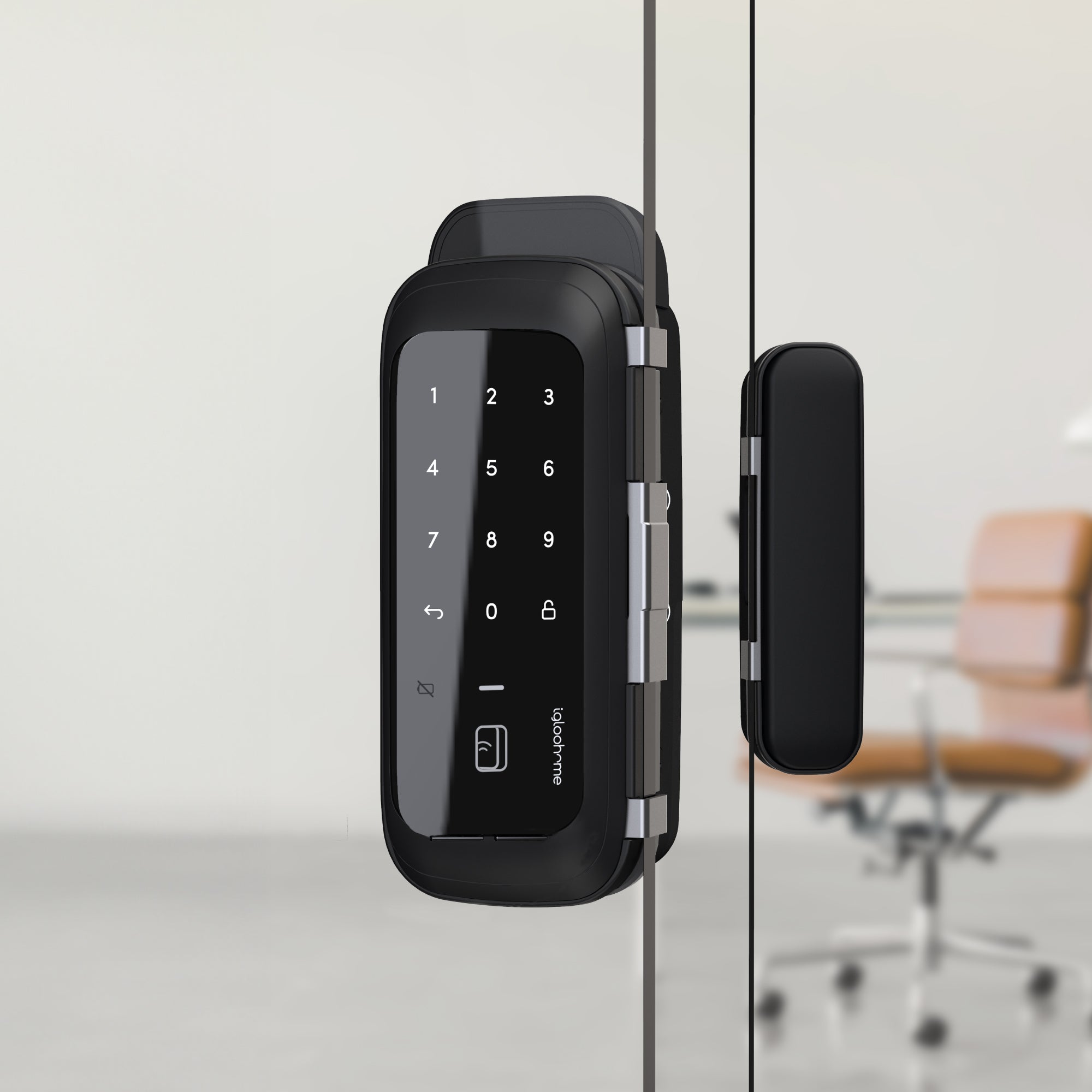 Rim Lock Glass Doors. Cerradura inteligente para oficina con Tarjeta, Bluetooth y WiFi, vía app y Clave Numérica.