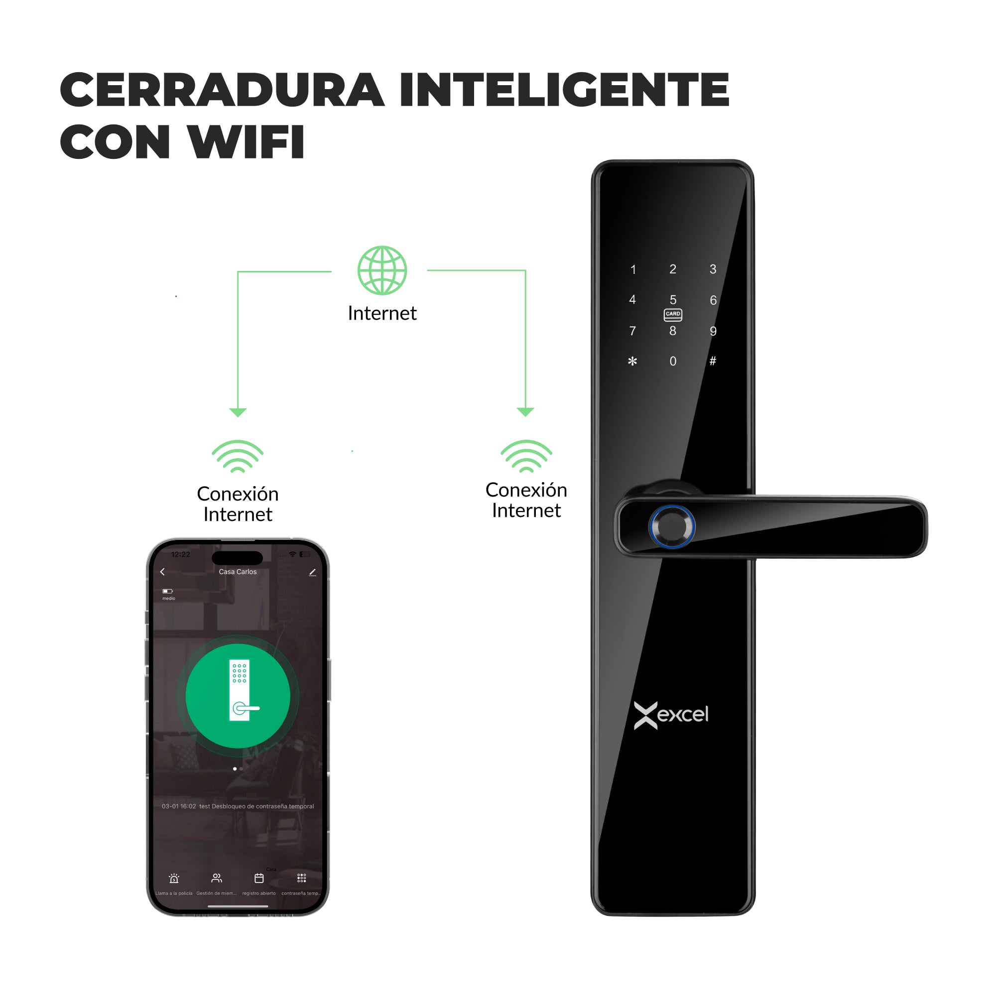 Cerradura eléctrica EXCEL SL235 con acceso vía app, lector de huella digital, código PIN, tarjeta RFID y llave mecánica de alta seguridad.