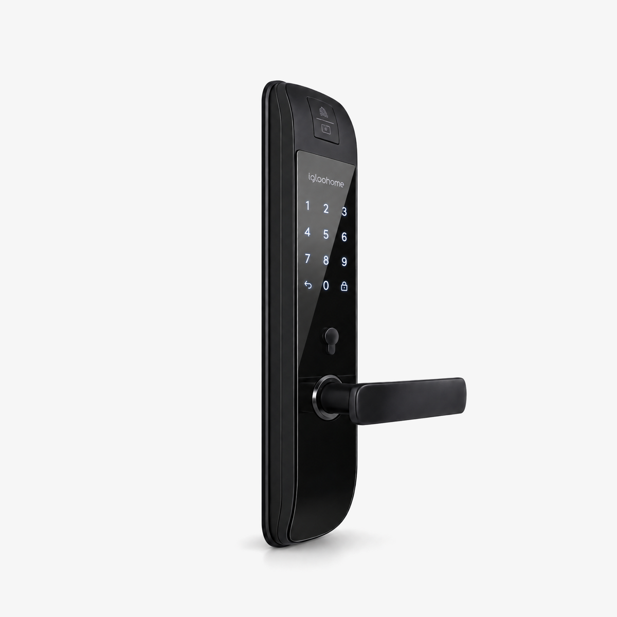 Cerradura Inteligente igloohome Mortise 2+. App, Huella digital, Contraseña, Tarjeta RFID y Llave de alta seguridad. Unidad exterior, vista frontal.