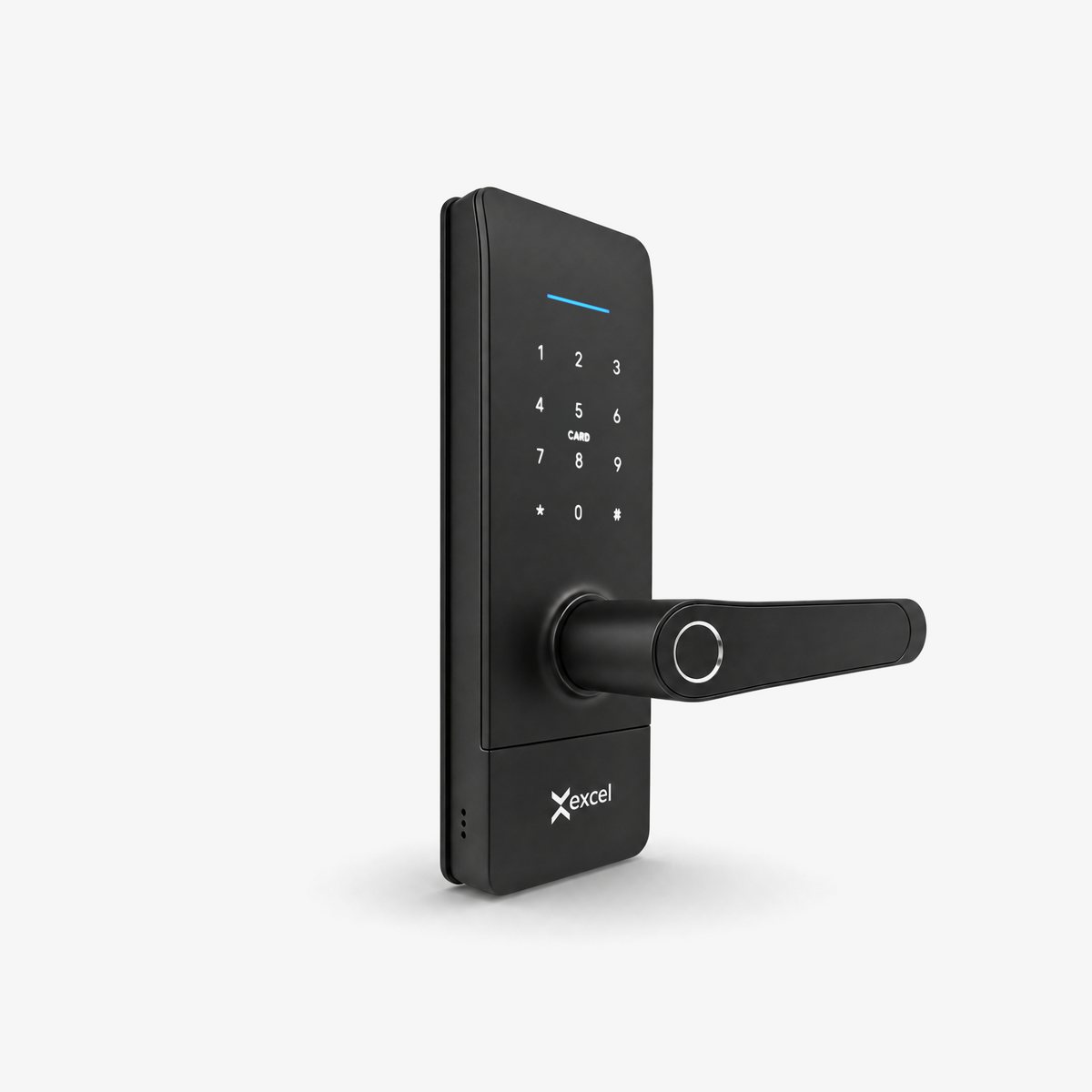 Cerradura Inteligente EXC-SL214, compatible con puertas de madera y aluminio, acceso por huella digital, clave, tarjeta RFID, WiFi y llave mecánica.