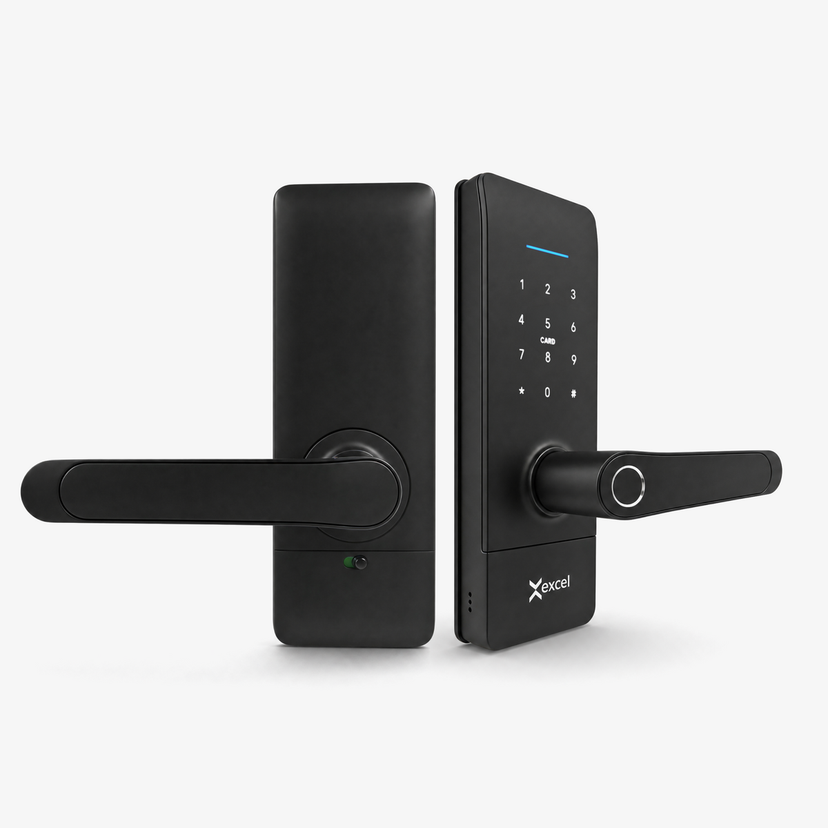 Cerradura Inteligente EXC-SL214, compatible con puertas de madera y aluminio, acceso por huella digital, clave, tarjeta RFID, WiFi y llave mecánica.