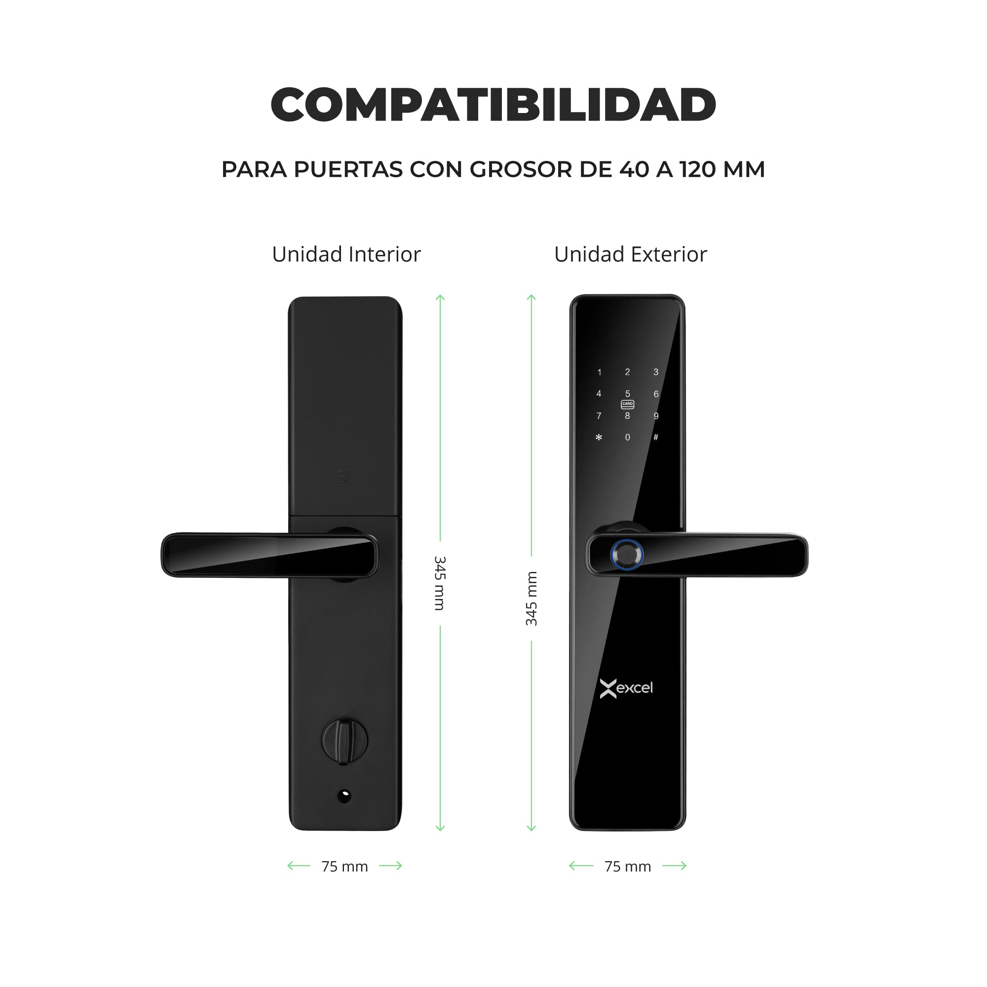 Cerradura eléctrica EXCEL SL235 con acceso vía app, lector de huella digital, código PIN, tarjeta RFID y llave mecánica de alta seguridad.